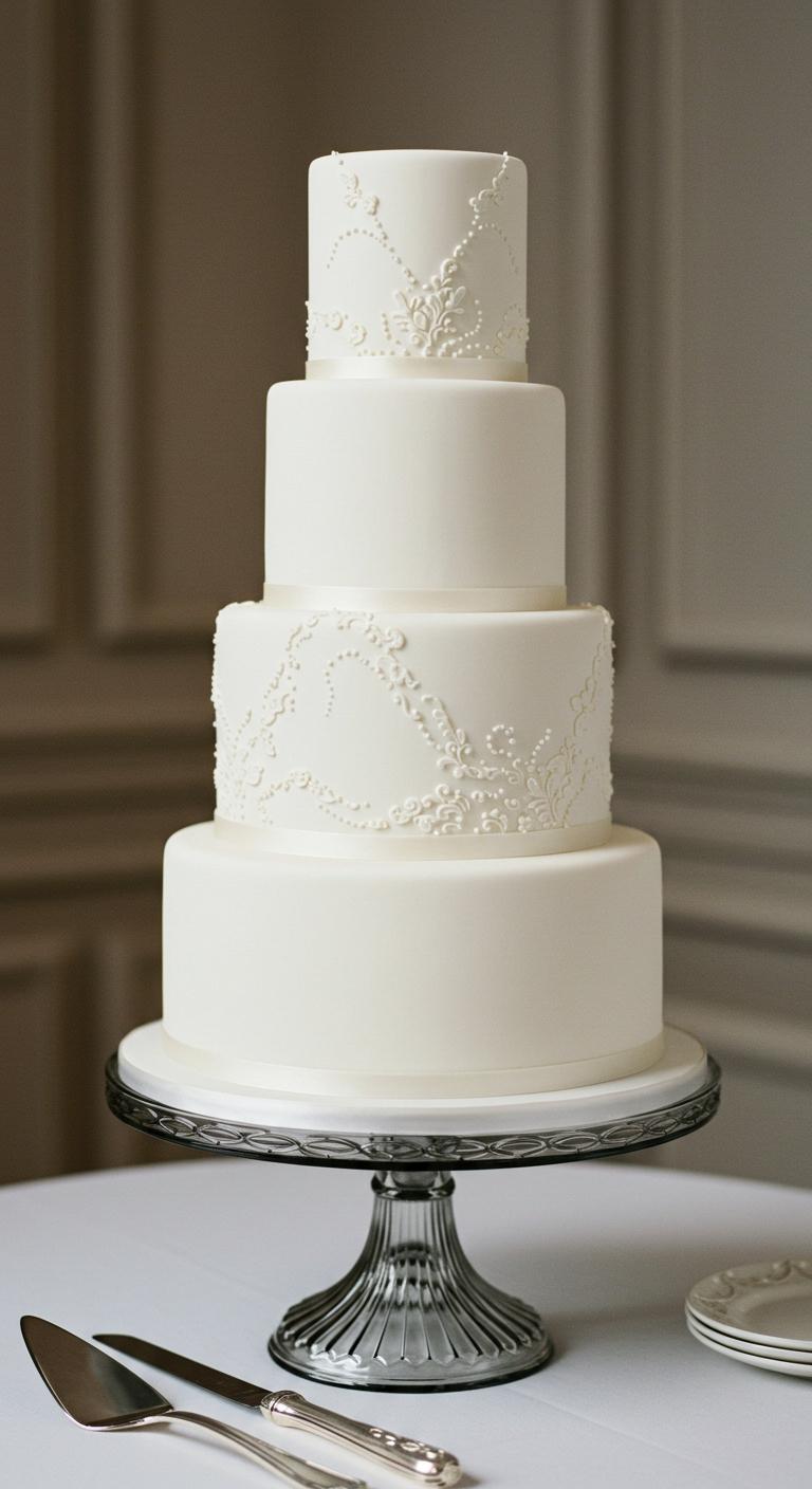 A **sophisticated wedding cake** elegantly covered in **smooth white fondant**, adorned with **delicate detailing**, sitting gracefully on a decorative stand. The setting is a beautifully decorated venue, highlighting the cake’s **sleek design** and contemporary trends. Soft lighting enhances the cake’s **flawless finish**, while guests admire its artistry, surrounded by a simple and elegant atmosphere that reflects the joy of a special celebration.