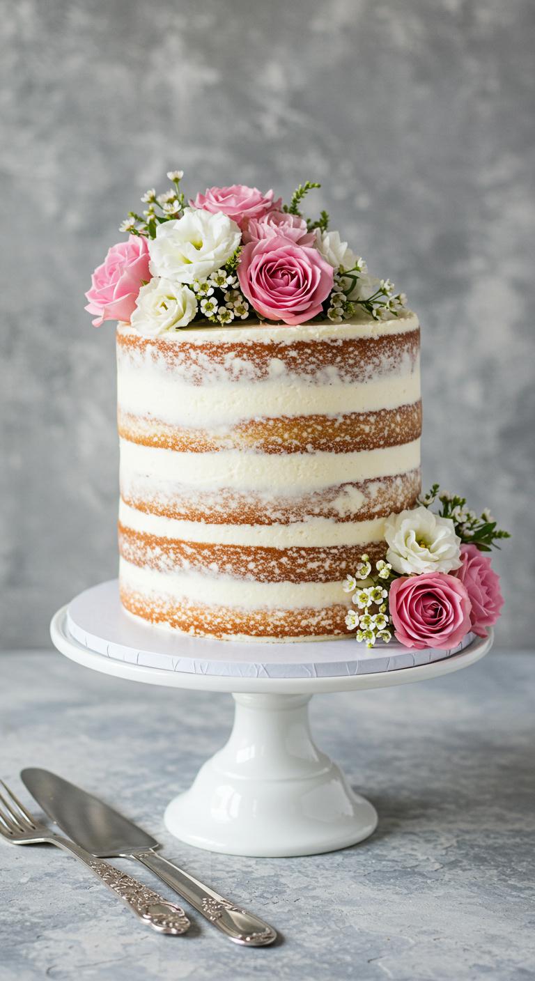 A simple **naked cake** adorned with **fresh flowers**, showcasing understated layers and delicate flower arrangements, embodying **rustic elegance** and minimalist design, serving as a stunning centerpiece for a celebration.