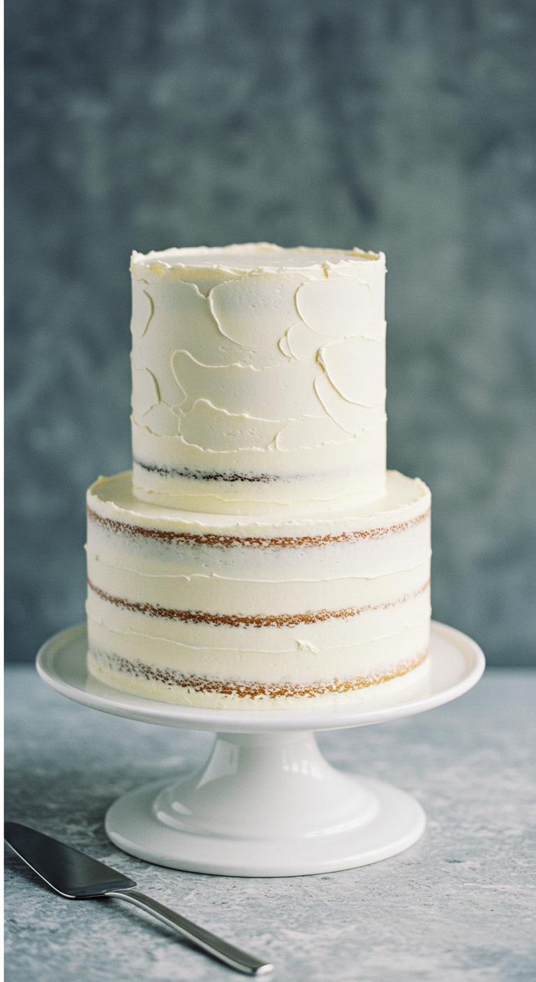 A **single-tier classic buttercream cake** with a **smooth, refined design**, showcasing a variety of buttercream flavors. The cake is elegantly decorated with a sleek finish and delicate accents, reflecting a **minimalist aesthetic**. The setting is a beautiful wedding venue, enhancing the cake’s **timeless sophistication** and **enchanting ambiance**.