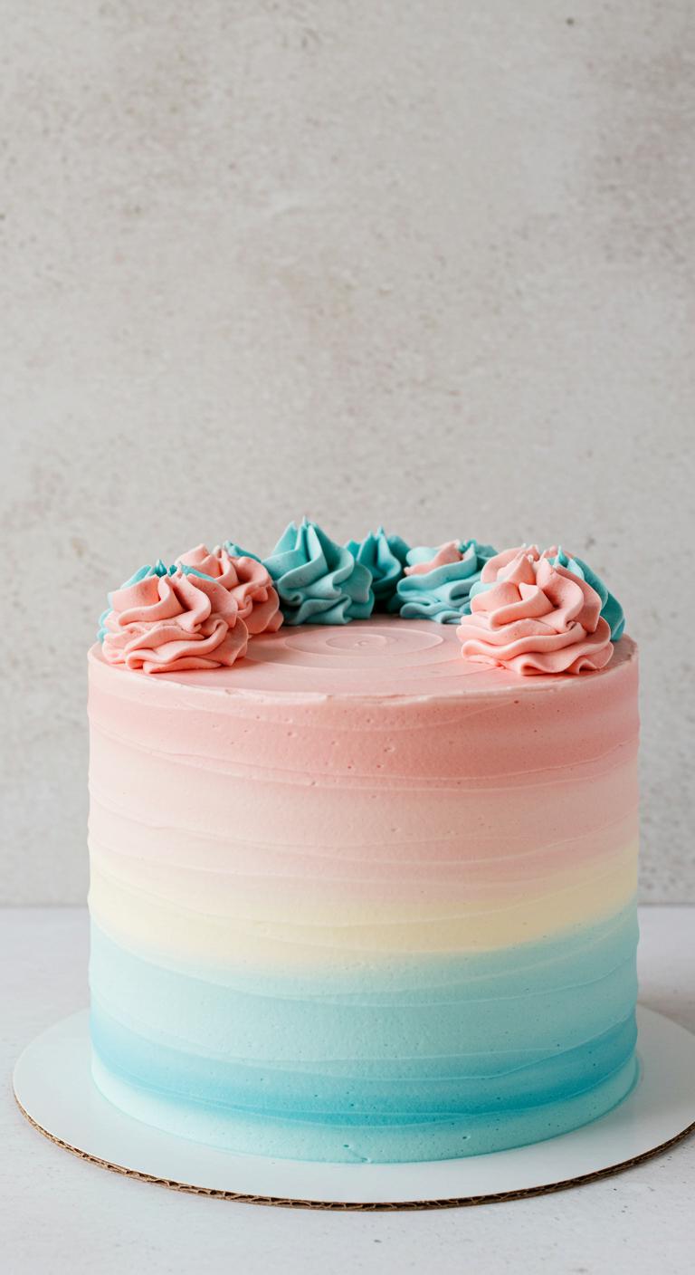 A beautifully crafted **Sombre Ombre Effect Cake** featuring layers that transition smoothly from one color to another, showcasing **gradient frosting techniques**. The cake is elegantly presented against a **minimalist backdrop**, emphasizing its **subtle sophistication** and **chic vibrancy**, perfect for a stylish celebration.