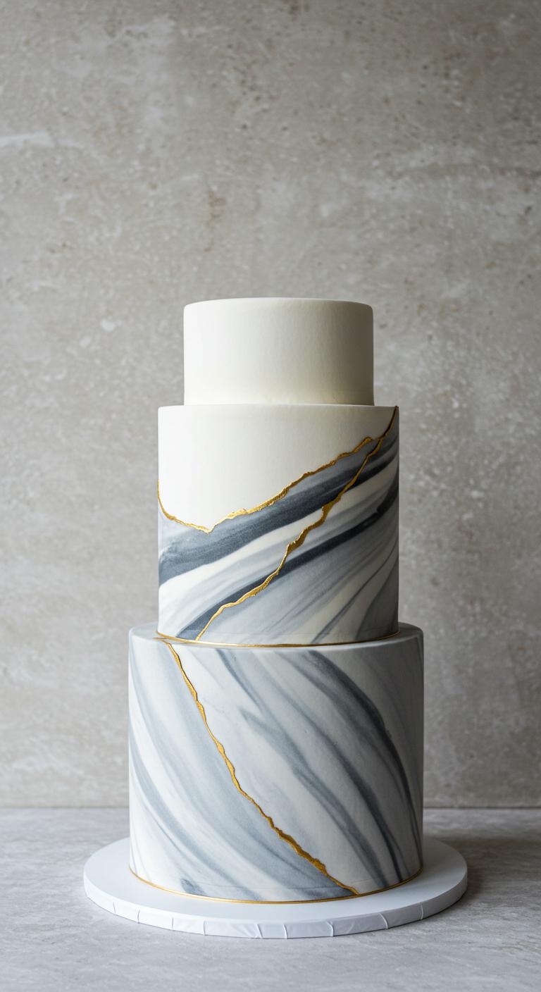A minimalist wedding cake featuring a **luxurious marble texture**, showcasing an elegant blend of **soft whites and bold greys** gracefully intertwined. The cake is set against a simple, sophisticated backdrop, highlighting its **artistic flair** and refinement. The overall presentation evokes a sense of **timeless beauty**, symbolizing love and celebration.