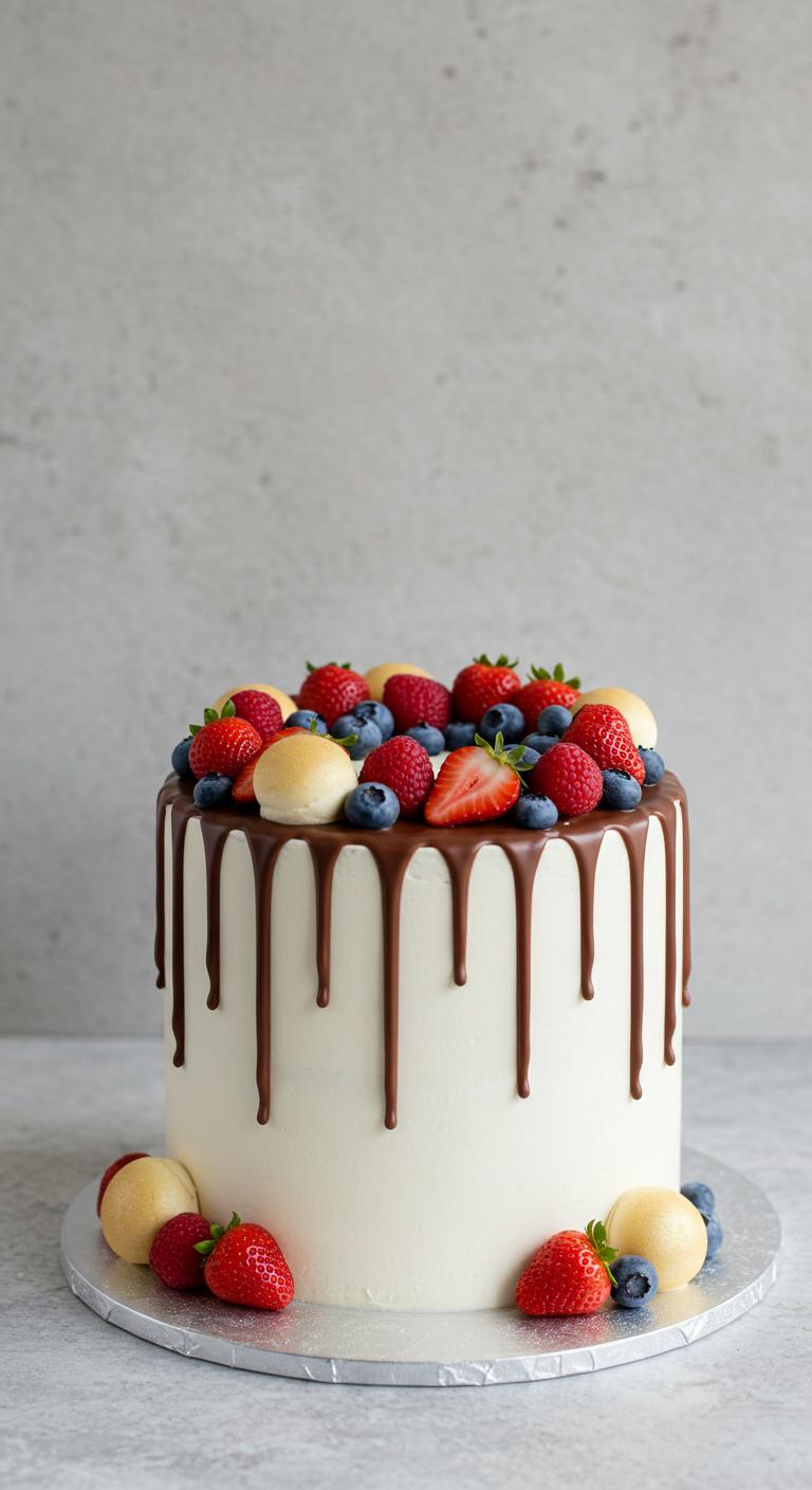 A chic **Minimalist Drip Cake** with a **smooth white surface**, elegantly accented by **delicate chocolate or fruit drips**. The cake should be set against a simple, elegant backdrop, highlighting the **stunning visual appeal** of the drip techniques and showcasing a harmonious color palette that embodies **sophistication and simplicity**.