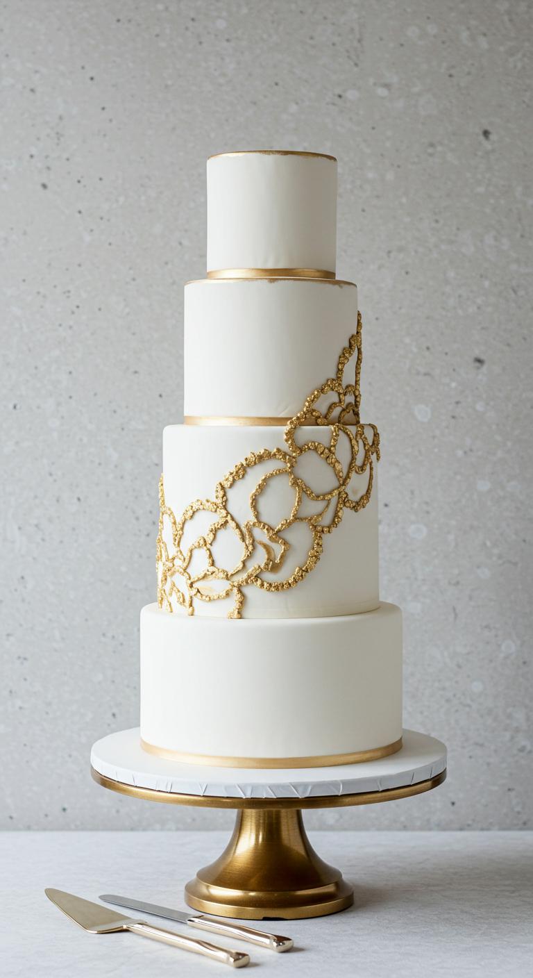 A stunning **all-white wedding cake** with **elegant gold accents**, adorned with **delicate gold detailing**, set against a minimalist backdrop to highlight its purity and luxury. The cake should showcase an intricate design that captures attention while maintaining an aura of **understated sophistication**.