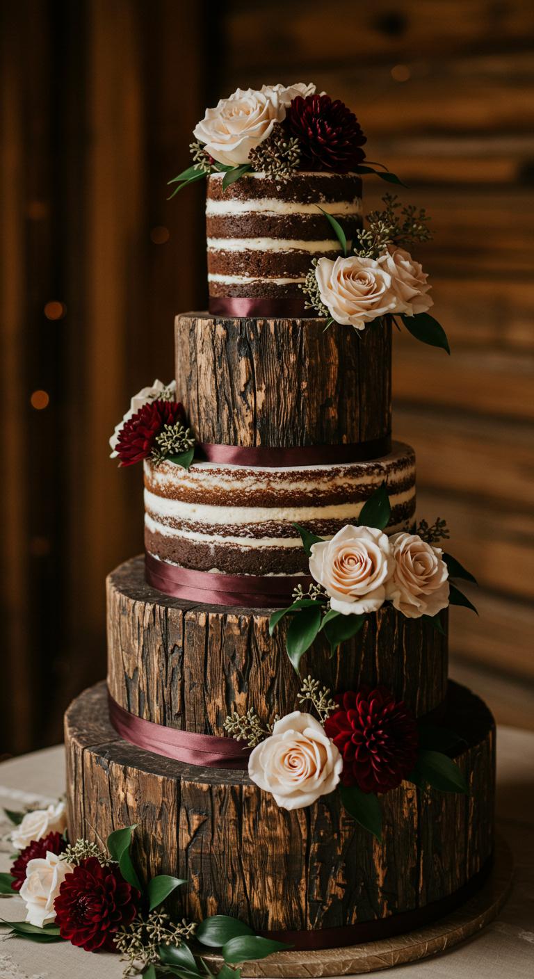 A **rustic wooden tiered cake** adorned with fresh flowers and **earthy tones**, showcasing **rough-hewn layers** and exquisite cake texture, set in a cozy, natural wedding environment.