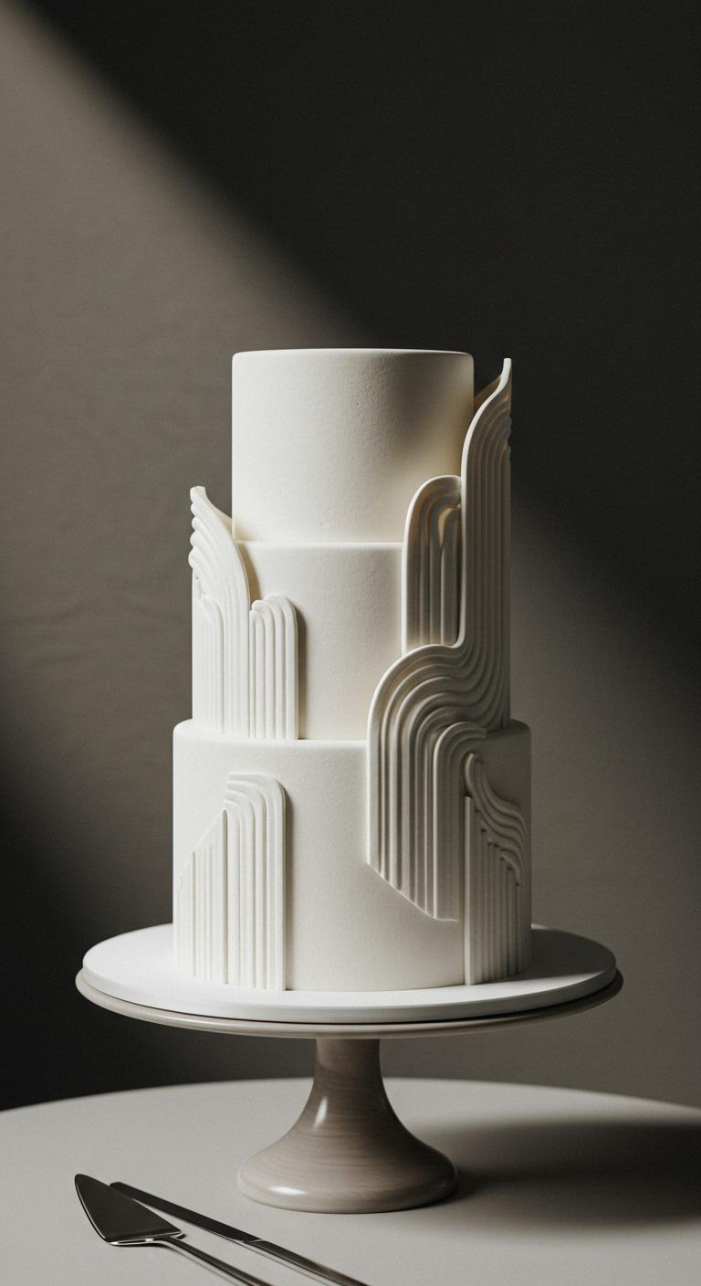 A **sleek, modern wedding cake** featuring clean lines and smooth surfaces, adorned with intricately **sculpted decorations** that showcase **minimalist design**. The cake is displayed elegantly on a simple cake stand, surrounded by soft lighting to highlight its textures and details, capturing a sense of sophistication and artistry that invites admiration from guests.