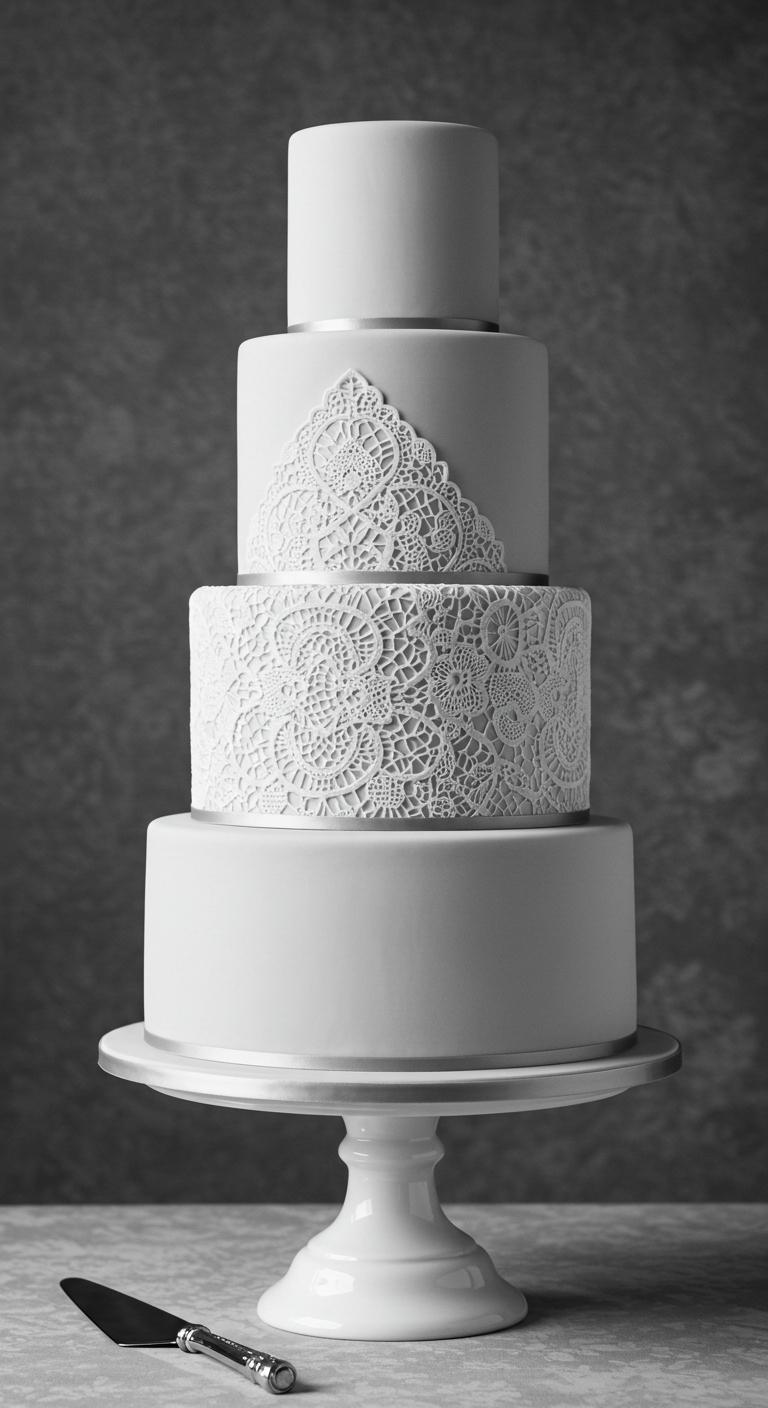 A **minimalist wedding cake** in a single hue, elegantly adorned with **intricate edible lace designs**. The cake should reflect tranquility and sophistication, harmonizing with a **monochrome color scheme**, set against a simple yet elegant backdrop to enhance the **tranquil beauty** of the celebration.