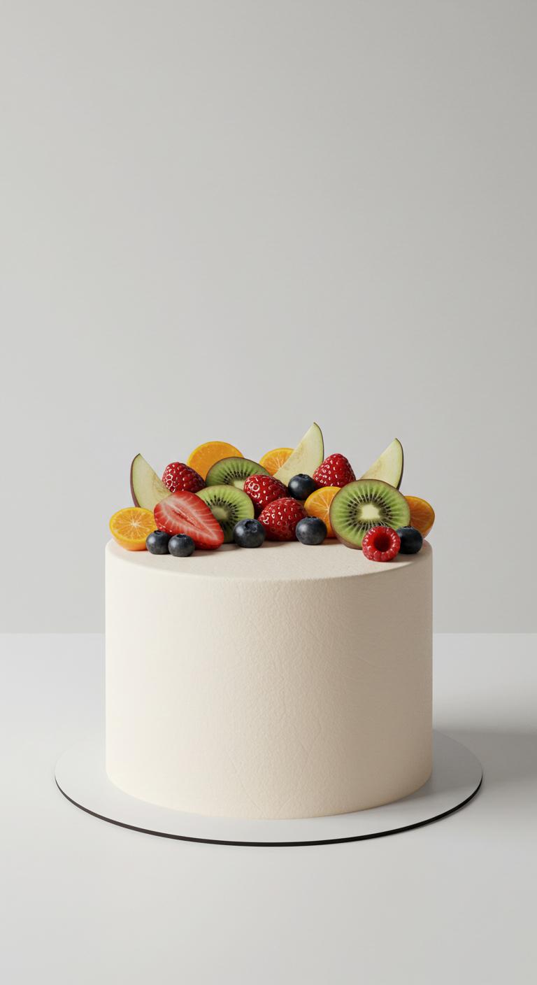 A **smooth iced minimalist cake** with a **flawless satin finish**, topped with **vibrant fresh fruit** in an **organic arrangement**, set against a clean backdrop. The scene conveys **elegance and warmth**, showcasing the beautiful contrast between the cake and the colorful fruit. The overall composition highlights the themes of simplicity, style, and the natural beauty of the ingredients.