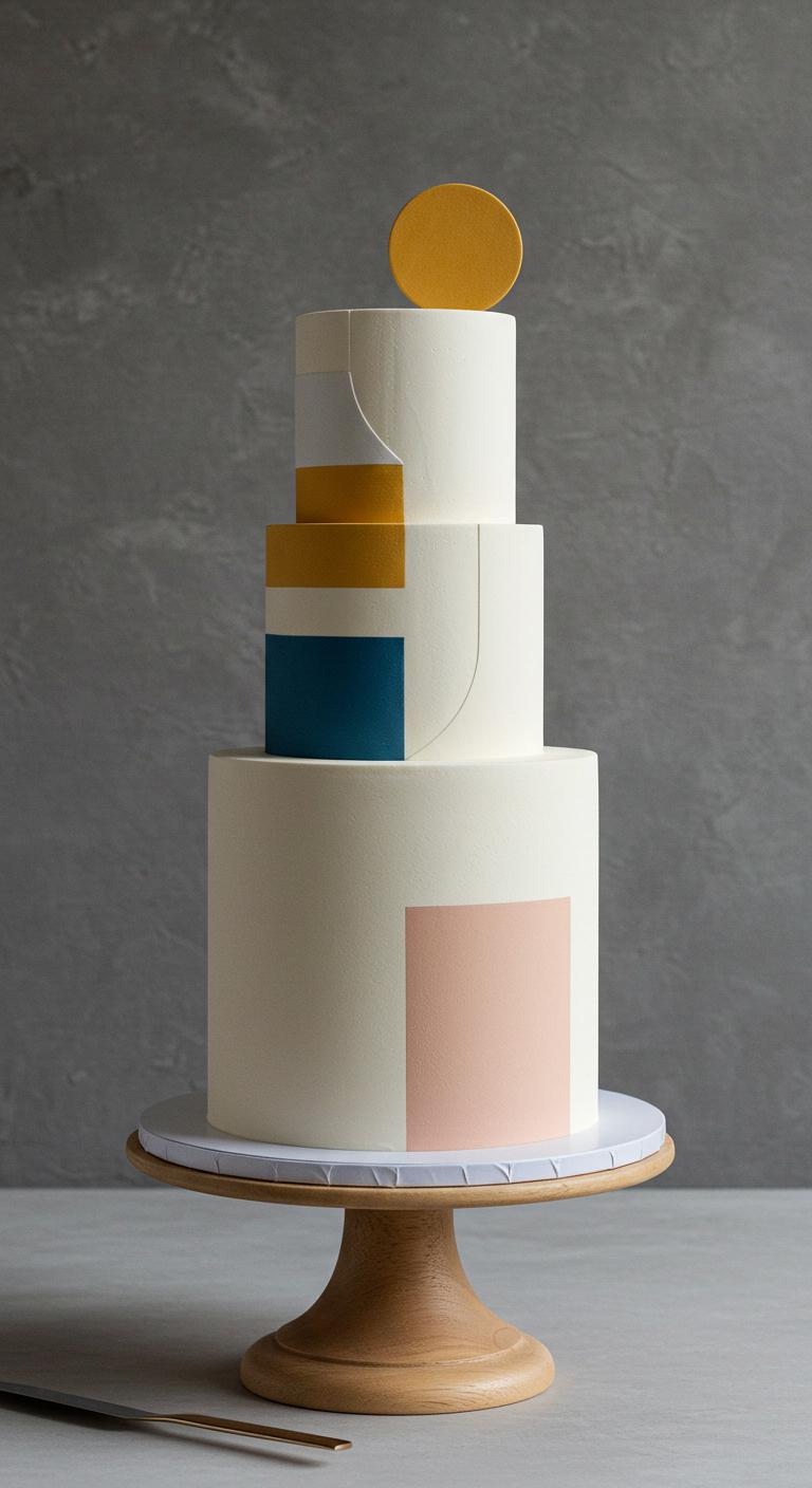 A **minimalist wedding cake** with **clean lines** and **bold colors**, set against a simple backdrop. The cake should showcase **geometric patterns** and ample **negative space**, reflecting a modern art aesthetic. Each slice should appear like a piece of art, visually captivating and elegant, embodying the essence of celebration.