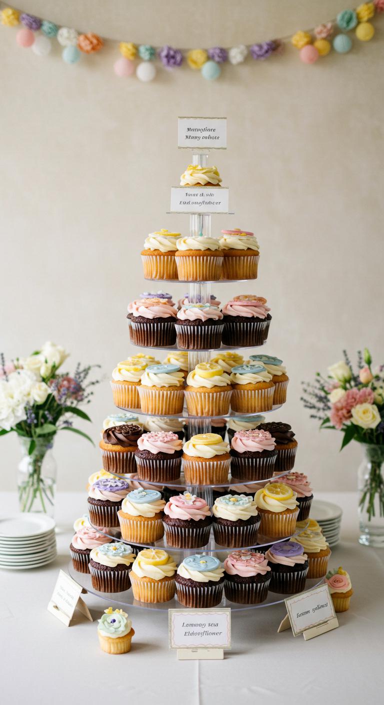 A **whimsical cupcake tower** displaying an array of **beautifully designed cupcakes** in **charming, dainty designs** and varying flavors, including vanilla lavender, chocolate sea salt, and lemon elderflower. The tower is set against a **minimalist wedding backdrop**, enhancing the elegance of the celebration while enchanting guests with its petite charm and artistic presentation. Soft pastel colors and elegant decorations complement the scene.