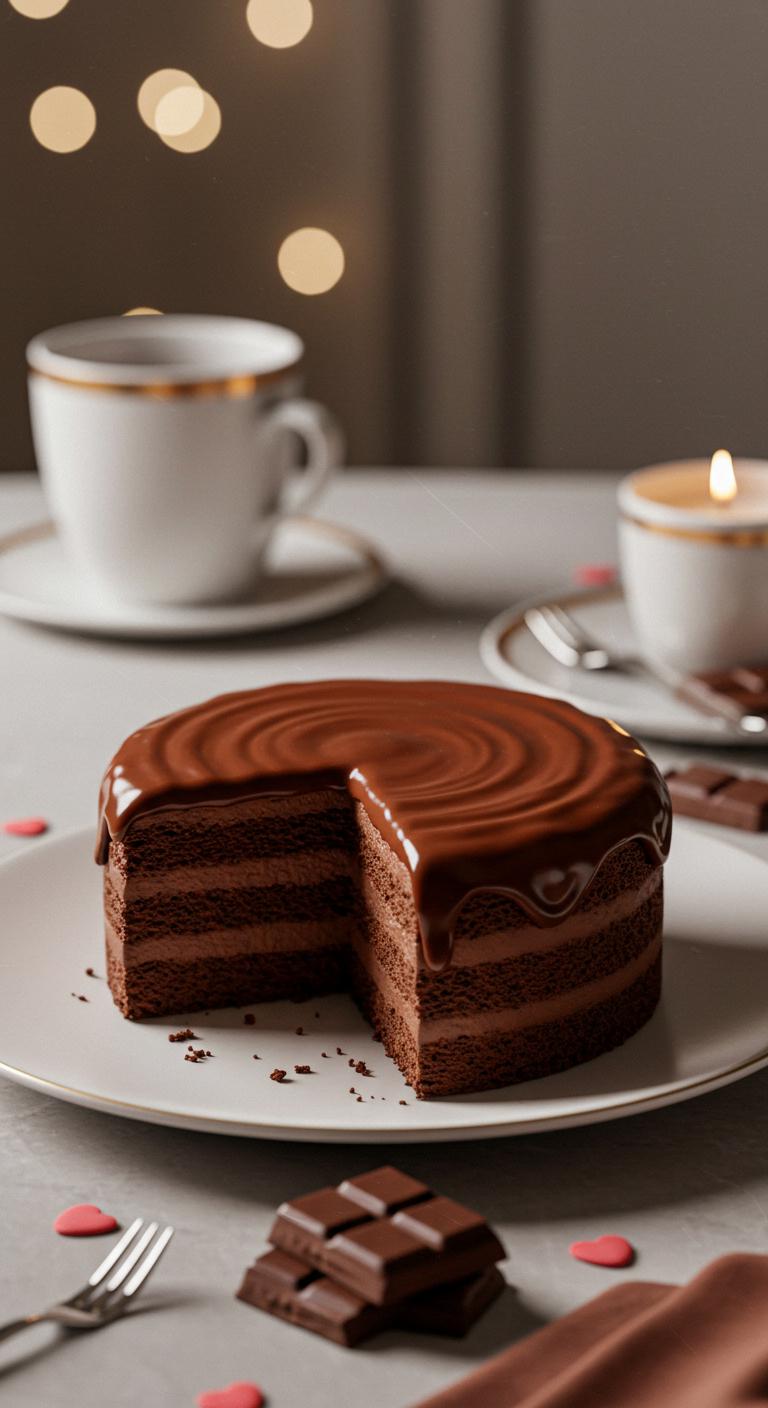 A beautifully designed **minimalist chocolate cake** with **rich chocolate layers** and a **smooth ganache topping**, set elegantly on a simple white plate. The background should feature soft, romantic lighting to enhance the sophisticated and **elegant atmosphere**, reflecting a **celebration of love**. The scene should capture the **essence of indulgence** and simplicity, inviting viewers to admire its textures and colors.