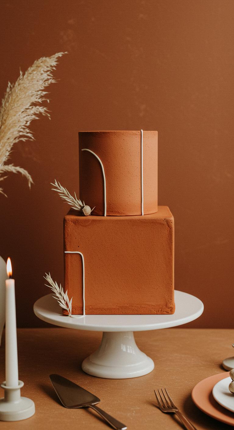 A **minimalist wedding cake**, designed as a **simple square terracotta cake**, showcasing an **earthy terracotta texture**, warm tones, and clean lines. The cake serves as an elegant centerpiece, embodying **understated beauty** and sophistication, surrounded by **natural decor** that highlights its essence.