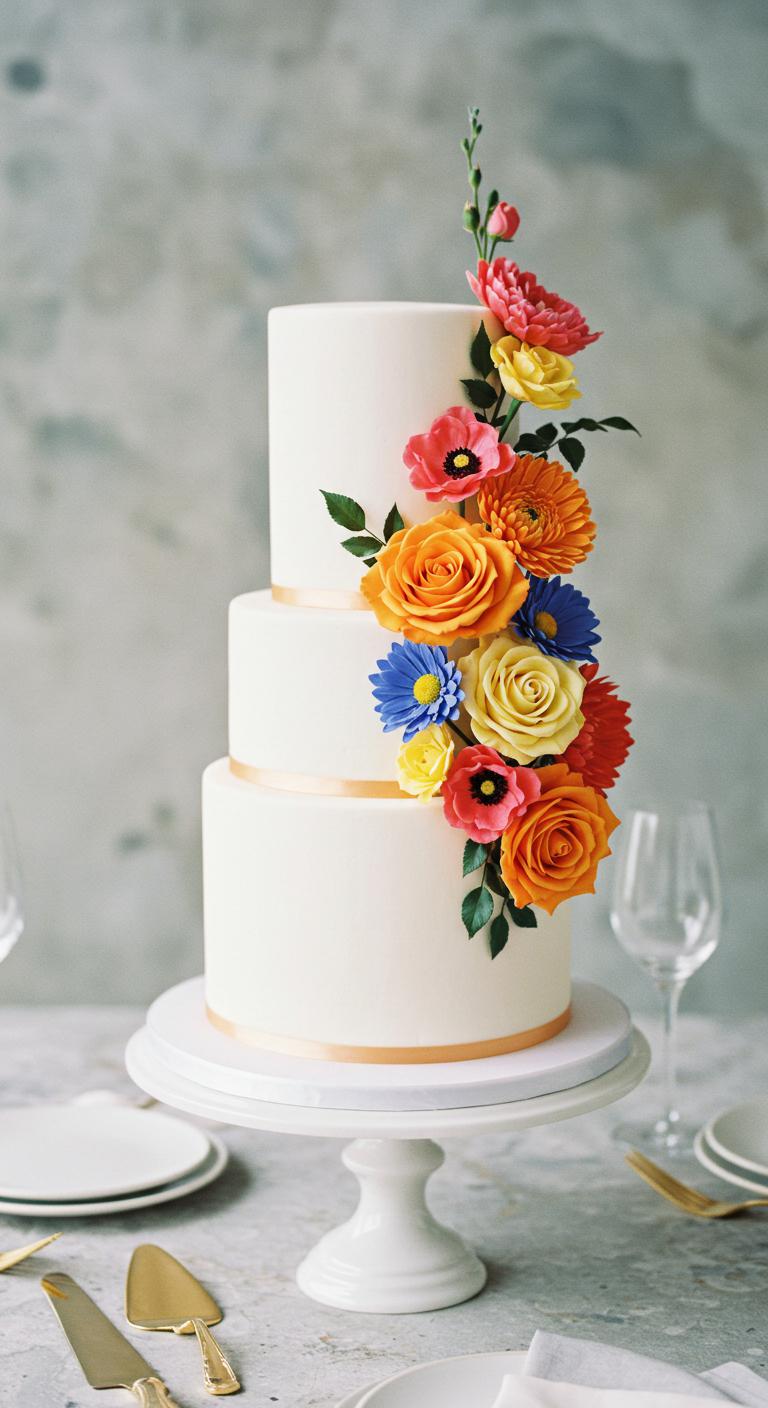 A beautifully designed **bright floral accented cake** featuring **vibrant blooms** atop a **sleek white fondant base**, surrounded by a minimalist wedding setting. The cake embodies **joy and elegance**, showcasing a stunning visual contrast that enhances the overall aesthetic of the celebration.