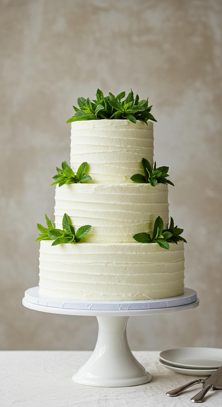 A beautiful **tiered cream cake** adorned with **fresh mint garnishes**, showcasing a **minimalist design**. The cake is elegantly displayed on a simple white pedestal against a soft, neutral backdrop, emphasizing its delicate mint flavor and **rich cream composition**. The overall aesthetic radiates **understated elegance**, perfect for a sophisticated wedding setting. Soft lighting highlights the cake’s layers, inviting guests to admire and savor each **exquisite bite**.