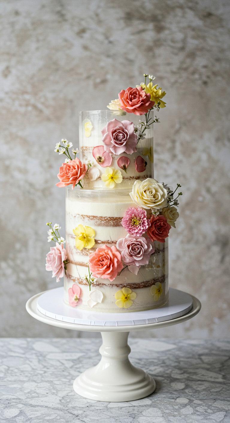 A **sleek transparent cake** adorned with **delicate floral arrangements**, showcasing **ethereal transparent frosting**. The cake is the centerpiece of a beautiful setting, embodying **modern elegance and sophistication**, with each bloom appearing to float gracefully around it.