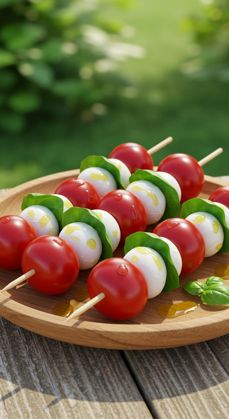 Skewers threaded with cherry tomatoes, fresh mozzarella balls, and basil leaves, drizzled lightly with olive oil, resting on a rustic wooden platter outdoors.