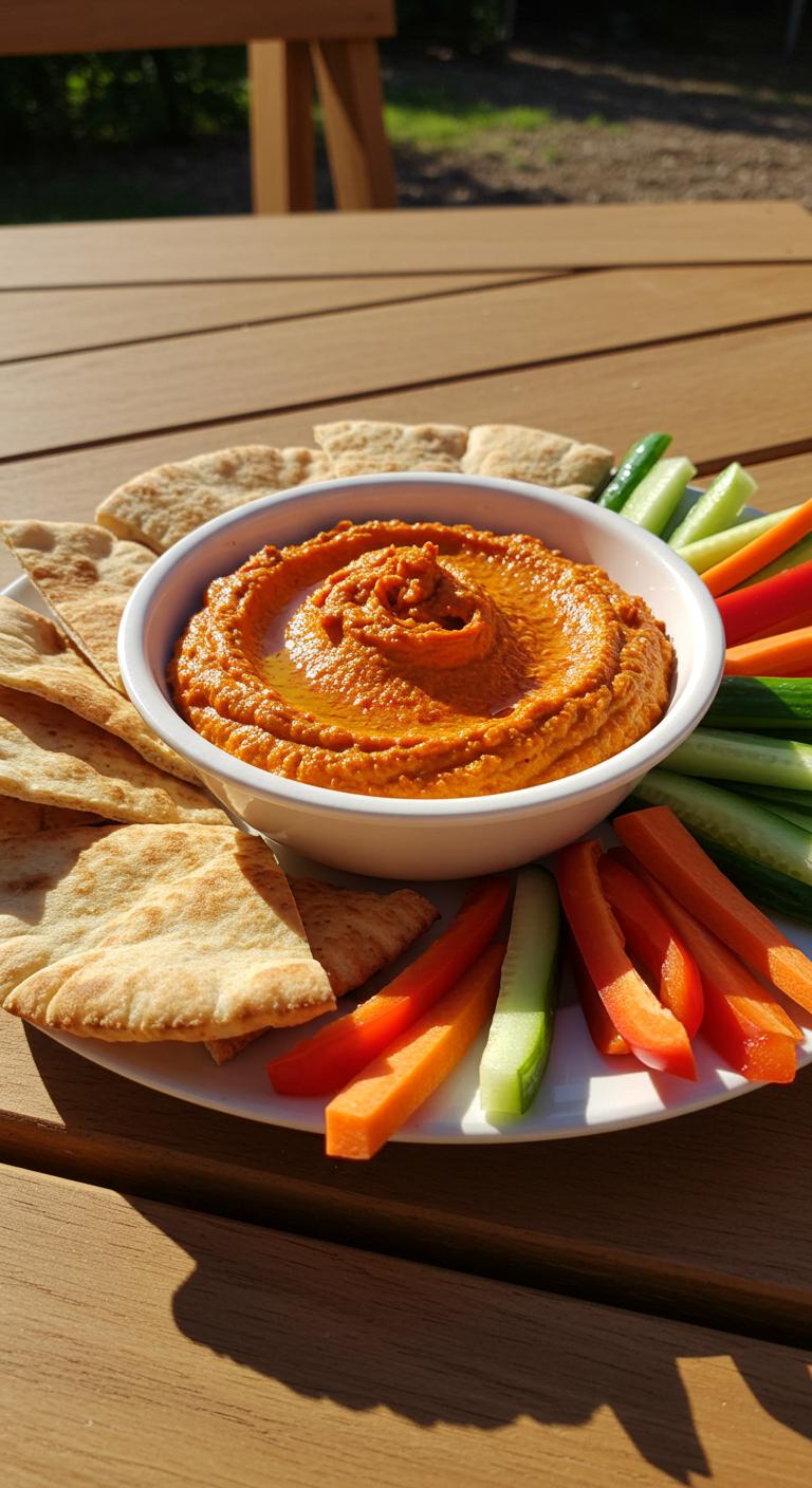 A bowl of spicy red pepper hummus surrounded by golden pita chips and fresh veggie sticks on a picnic table.