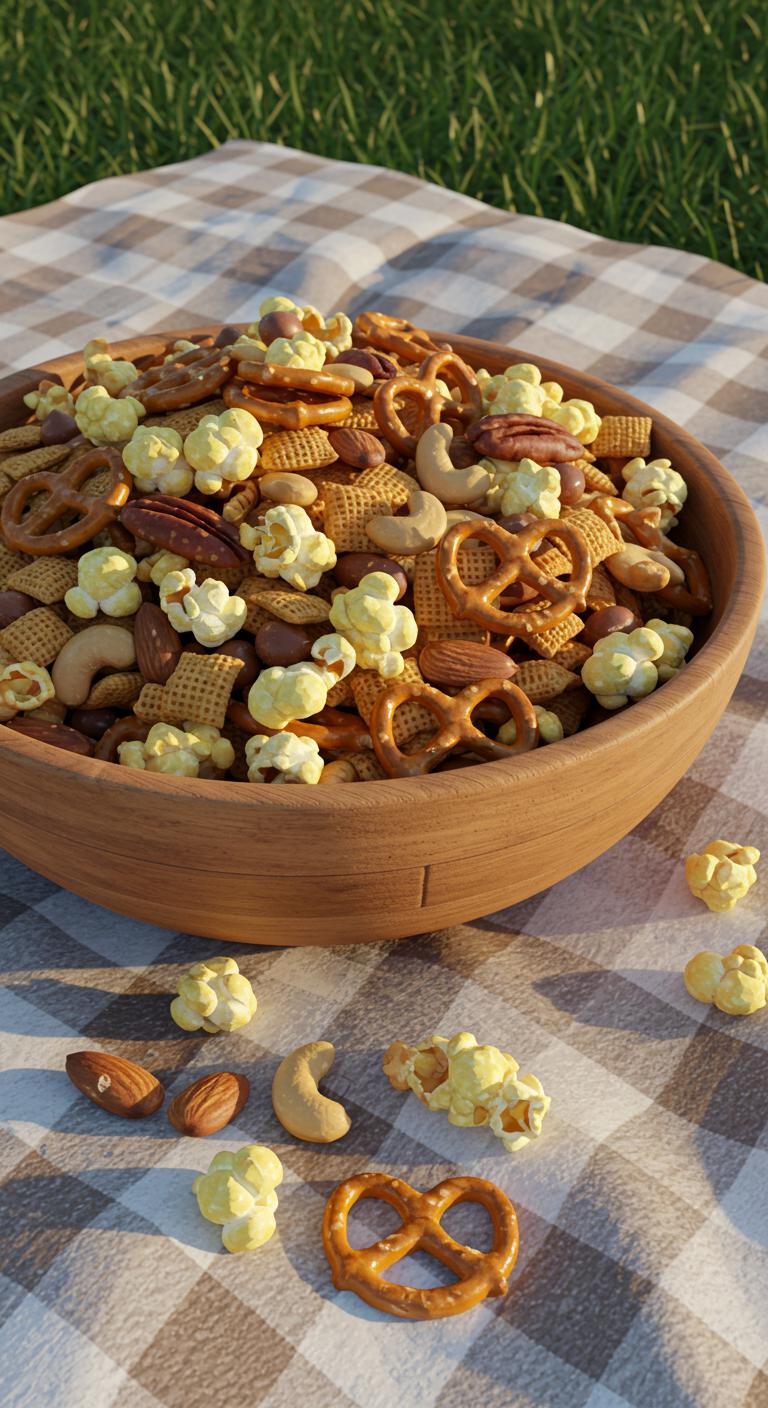 A rustic bowl filled with a mix of popcorn, pretzels, nuts, and chocolate chips, placed on a picnic blanket.