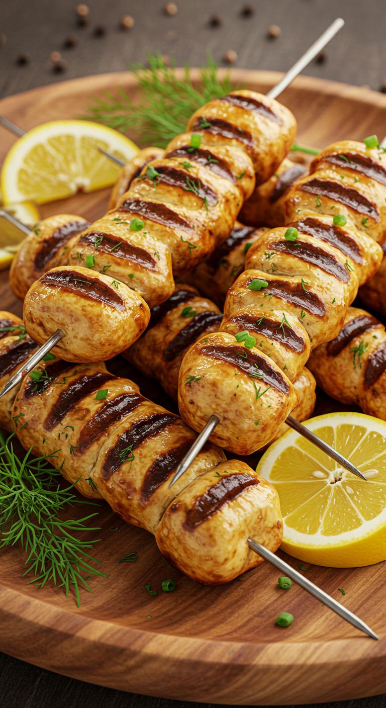 Juicy grilled chicken skewers with char marks, arranged on a wooden platter with lemon wedges and fresh herbs.