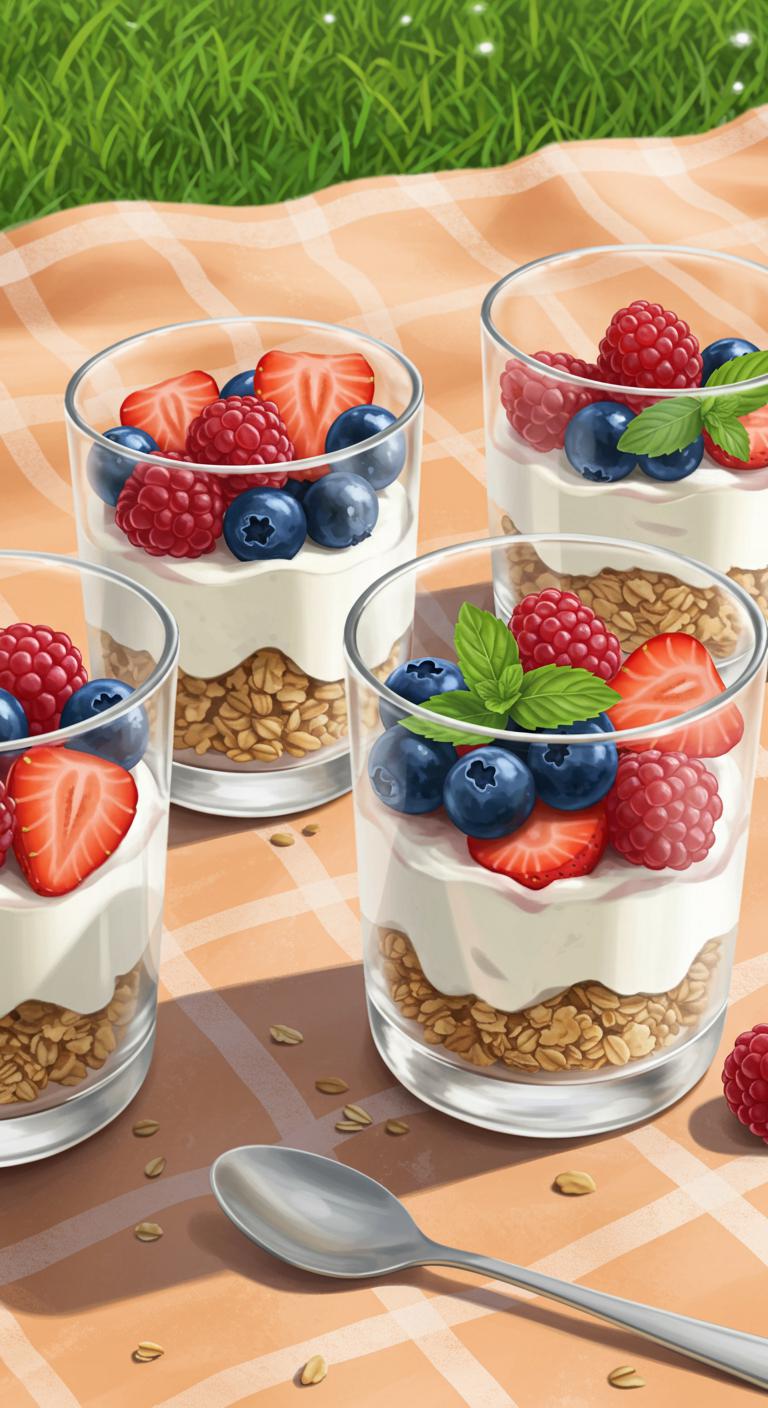 Clear cups layered with creamy Greek yogurt, mixed berries, and granola, topped with a sprig of mint, set on a picnic blanket.