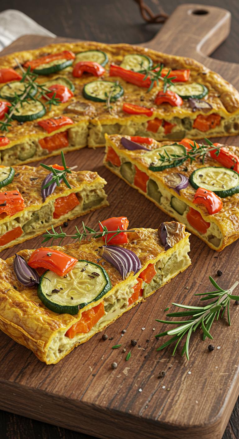 Thick slices of colorful roasted vegetable frittata arranged on a wooden board with fresh herbs.