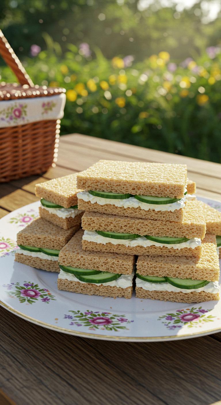 Delicate cucumber and cream cheese sandwiches cut into small rectangles, stacked neatly on a floral plate outdoors.