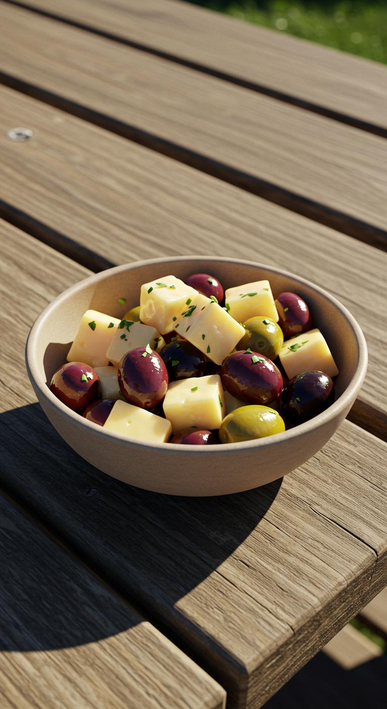 A small bowl of mixed marinated olives and cheese cubes garnished with fresh herbs on a wooden picnic table.