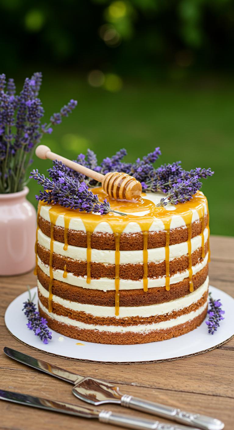 A beautifully layered wedding cake adorned with delicate lavender flowers and a drizzle of honey. The cake is positioned in an elegant outdoor setting, surrounded by greenery and soft pastel decorations, illustrating the essence of **organic farming** and sustainability. The scene captures the harmony of **floral notes** and rich texture, evoking a sense of delight and eco-friendliness.