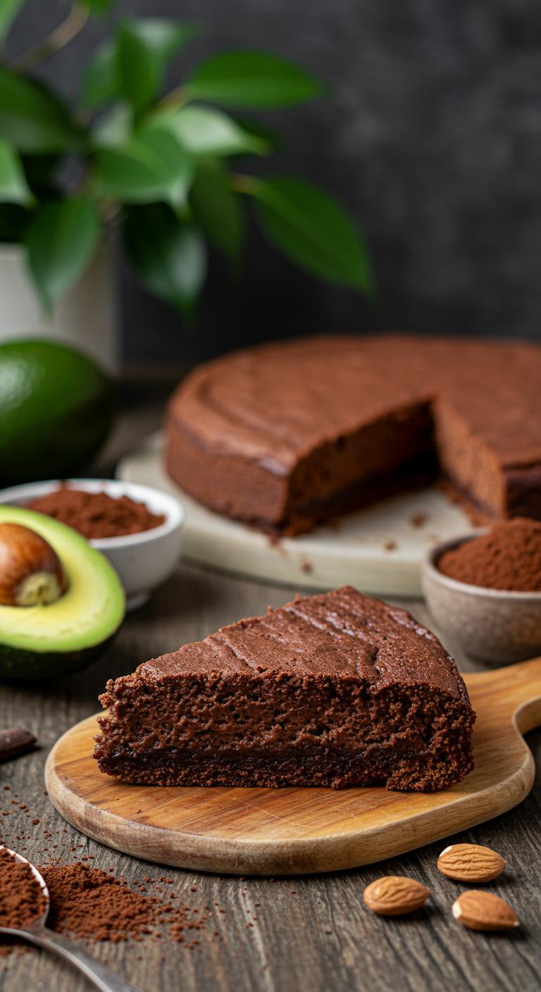 A delicious slice of **Vegan Chocolate Avocado Cake** displayed on a rustic wooden table, showcasing its **rich, dark chocolate color** and **creamy avocado texture**. Surround the cake with fresh avocados and cocoa powder, along with a few **healthy toppings** like nuts or berries. The background should reflect a cozy and health-conscious atmosphere, with greenery and natural light to emphasize the wholesome ingredients. Include subtle elements that suggest indulgence while maintaining a **guilt-free vibe**.