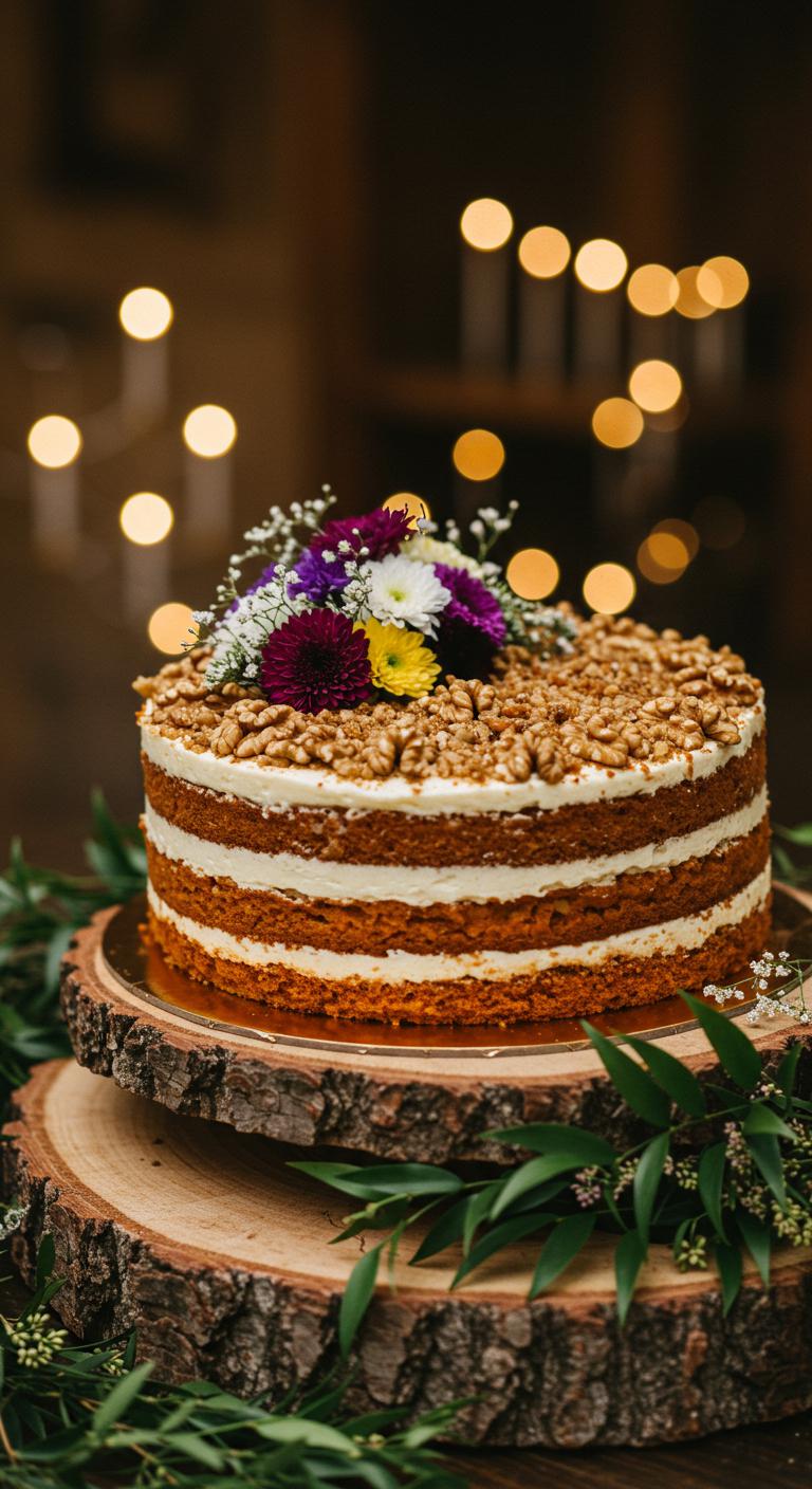 A beautifully decorated **Rustic Carrot and Walnut Cake**, featuring layers of moist carrot and walnut, adorned with fresh edible flowers and natural earthy tones. The cake is displayed on a rustic wooden cake stand, surrounded by greenery, symbolizing sustainability and an **eco-friendly wedding theme**. Soft, warm lighting enhances the **inviting atmosphere**, appealing to nature-loving couples.