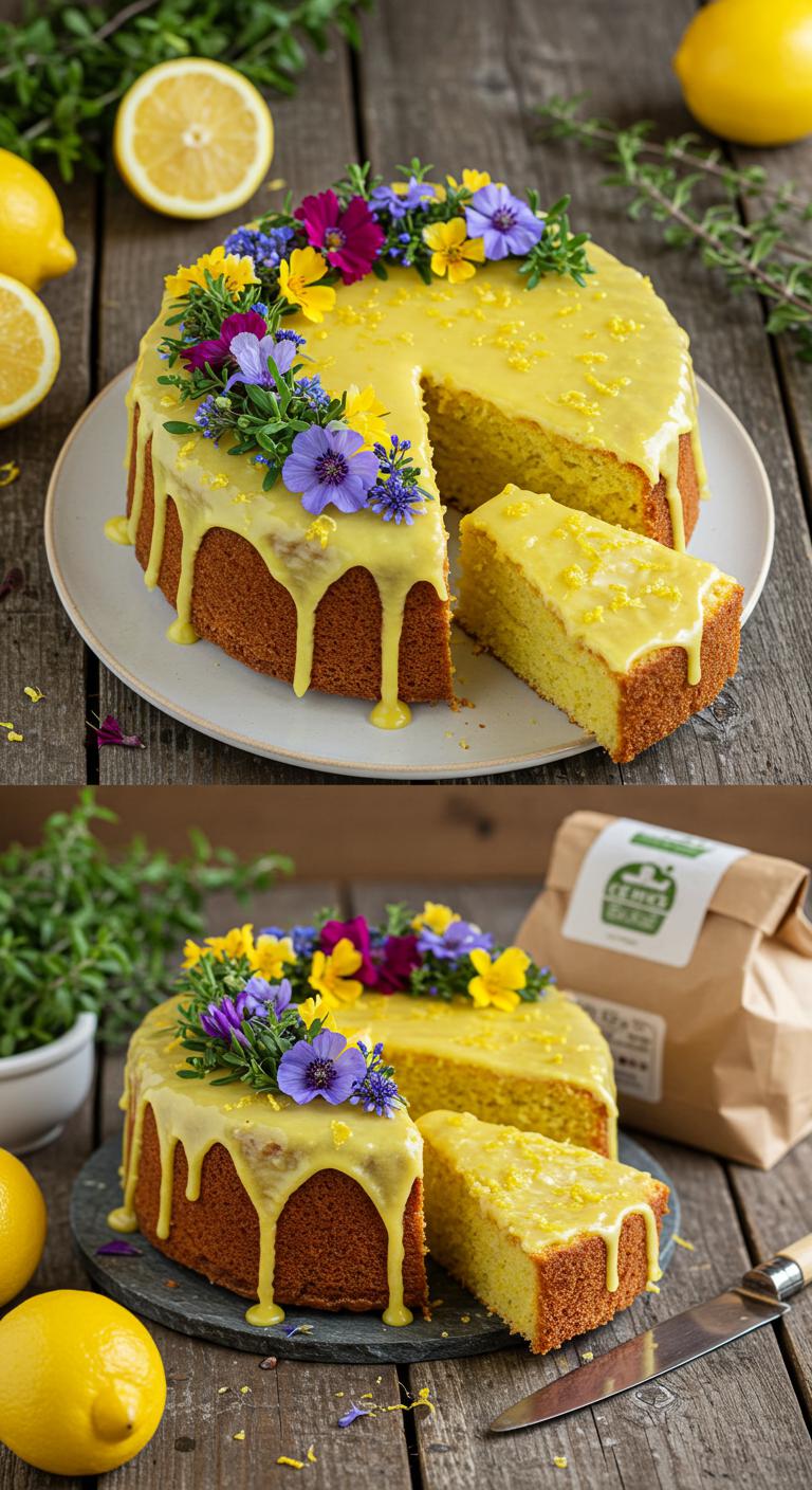 A bright and zesty lemon olive oil cake decorated with **edible flowers**, showcasing its moist texture and fresh lemon zest. The cake sits on a rustic wooden table, surrounded by **seasonal ingredients** like fresh lemons and herbs. Include a drizzle of **lemon glaze** on top and eco-friendly packaging beside the cake, emphasizing its connection to **eco-friendly weddings** and **healthy dessert options**.