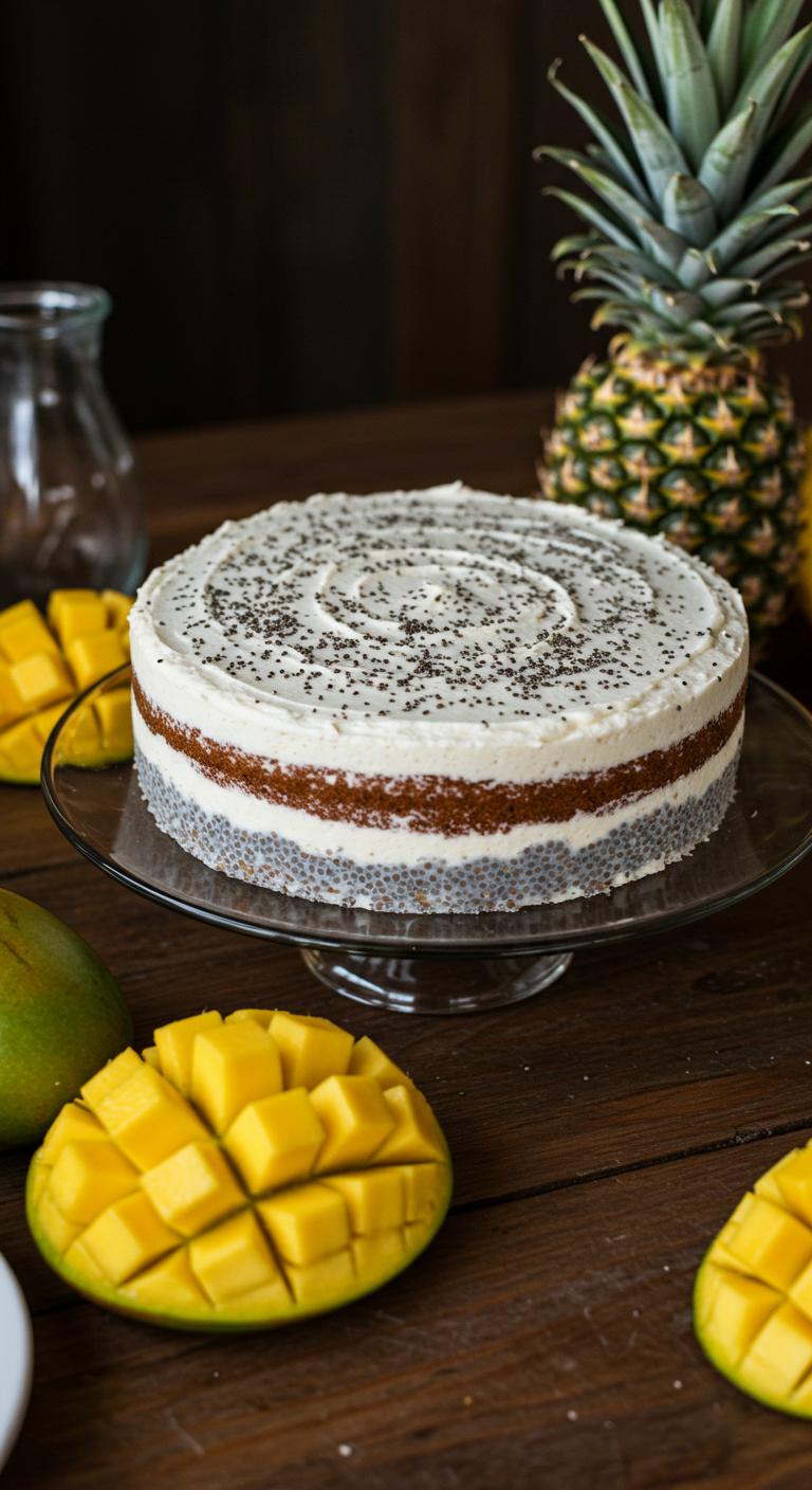 A beautifully decorated **Coconut Chia Seed Cake** displayed on a rustic wooden table, surrounded by vibrant tropical fruits such as mangoes and pineapples. The cake is topped with a fluffy **vegan frosting** and sprinkled with chia seeds, showcasing eco-friendly ingredients. A soft light illuminates the scene, enhancing the natural colors of the cake and fruits, creating a warm and inviting atmosphere for a wedding dessert setting.