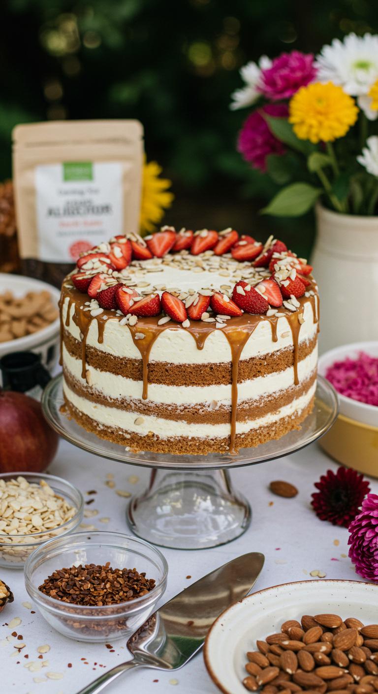 A beautifully decorated **gluten-free almond flour cake** as the centerpiece of an **eco-friendly wedding**. The cake features natural and organic ingredients, showcasing its **healthy almond benefits** like healthy fats and protein. Surrounding the cake are various gluten alternatives and vibrant decorations. The scene emphasizes **baking tips**, texture variations, and **flavor pairings** with fresh ingredients, set against a backdrop of sustainability and **unique customizations**.