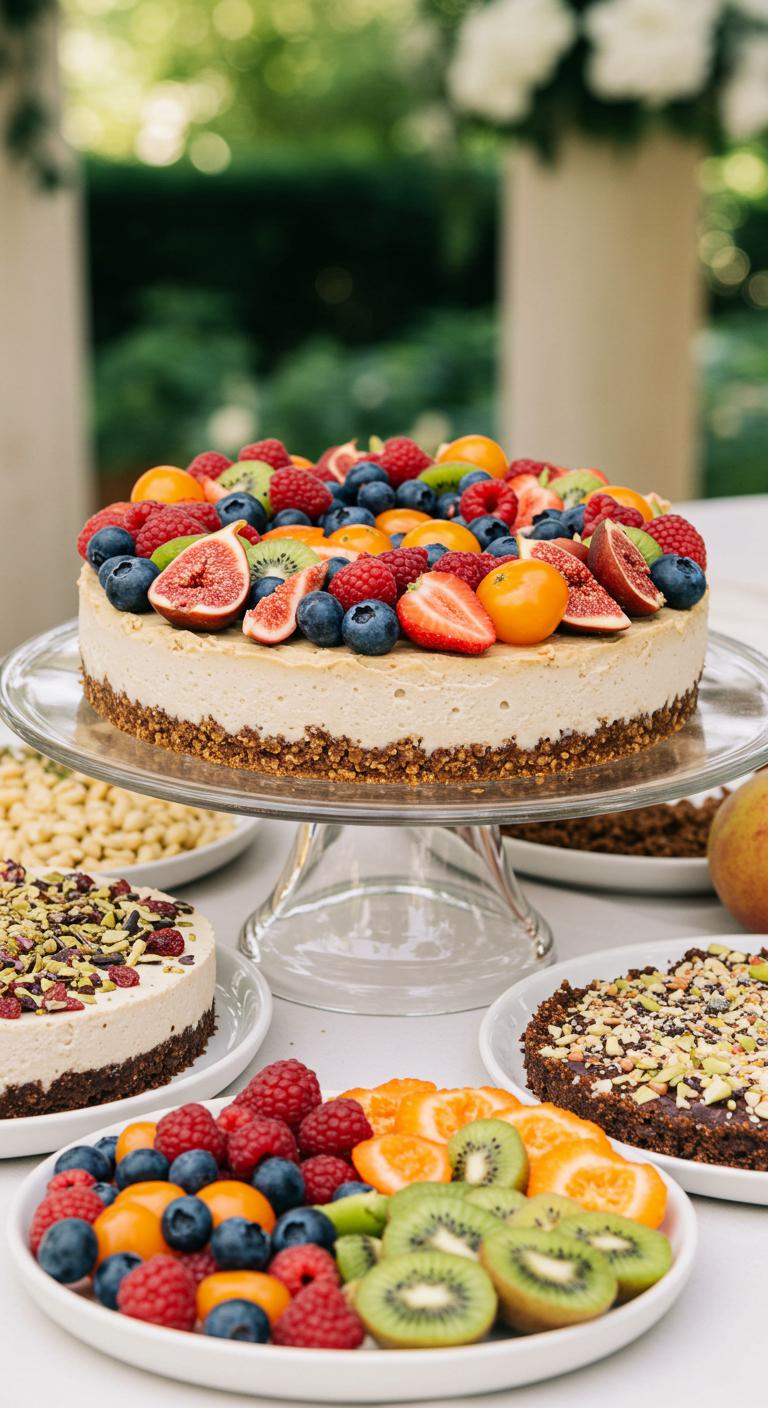 A beautifully plated **Raw Vegan Cheesecake** adorned with **colorful seasonal fruits**, set against an elegant wedding backdrop, showcasing its **plant-based ingredients** and **sustainable presentation**. Various crust options and toppings are artistically arranged around the cheesecake, emphasizing **health-conscious indulgence** and **dietary inclusivity** for guests.