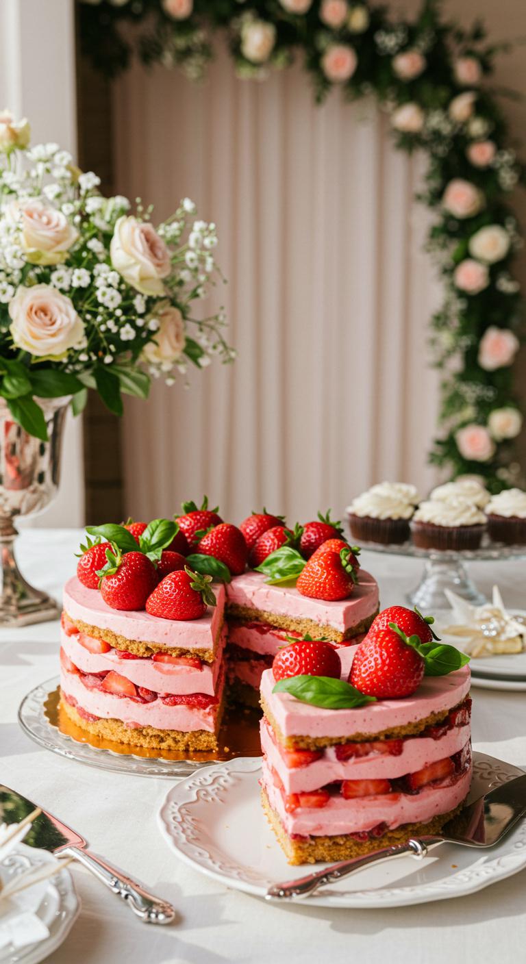 A beautifully decorated **Strawberry-Basil Layer Cake**, showcasing **vibrant layers** of strawberry and basil flavors. The cake is adorned with **fresh strawberries** and green basil leaves, set against a romantic wedding backdrop, surrounded by soft floral arrangements and elegant decor to exemplify the themes of purity, love, and celebration. Include a hint of bright sunlight to enhance the **fresh and vibrant ambiance**.