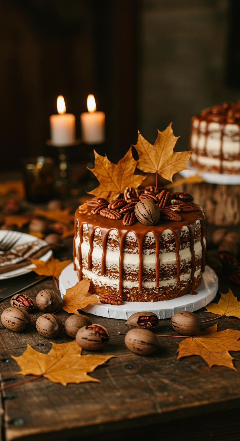 A beautifully decorated **Maple Pecan Cake** sitting on a **rustic wooden table**, surrounded by fresh pecans and maple leaves, with a **warm, inviting atmosphere** that captures the essence of **sustainability**. The cake features **eco-friendly decorations** and is set against a backdrop of a cozy, nature-inspired wedding setting.