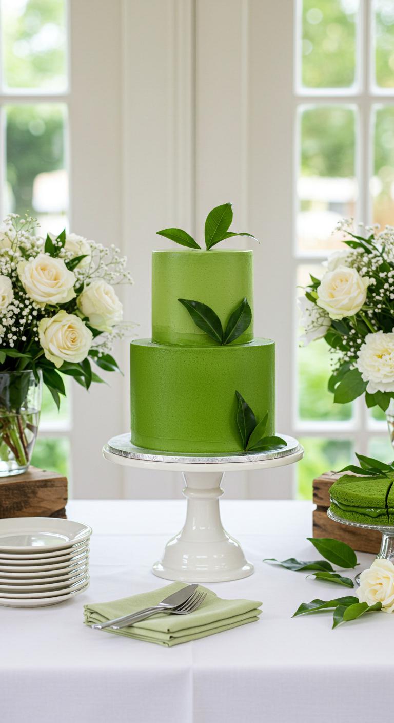 A beautifully decorated **Matcha Green Tea Cake** on a **wedding dessert table**, showcasing the **vibrant green color** of the cake with elegant floral arrangements and eco-friendly decorations surrounding it. The cake is adorned with matcha leaves and has a natural, earthy appearance that highlights sustainability and organic ingredients. The setting is bright and inviting, reflecting the **calming properties** of matcha, with guests enjoying the dessert in a charming wedding atmosphere.