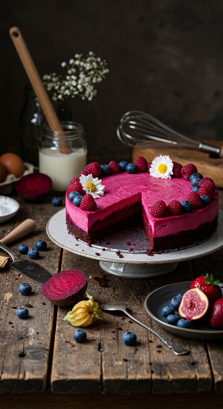 A beautifully decorated **Flourless Chocolate Beet Cake** on a rustic wooden table, showcasing a **rich chocolate layer** infused with vibrant red beet color. Surrounding the cake, **fresh fruits and edible flowers** create an elegant display. In the background, **eco-friendly baking tools** and ingredients hint at a sustainable baking theme. The overall mood is one of indulgence and sophistication, perfect for a wedding dessert.
