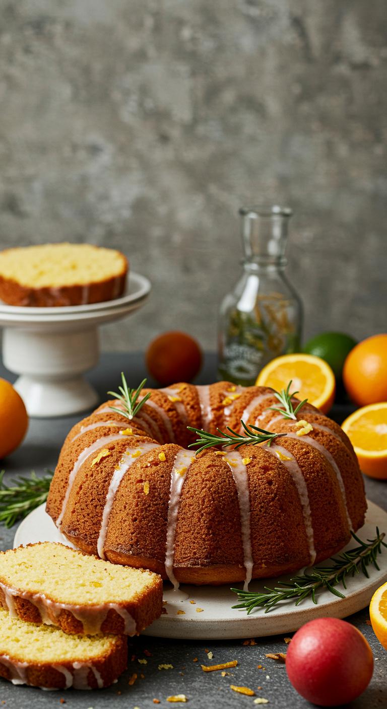 A visually appealing display of a **Citrus Rosemary Pound Cake**, showcasing its **vibrant citrus glaze** and **fresh rosemary sprigs** garnishing the top. The background features seasonal fruits and **eco-friendly ingredients**, emphasizing the cake’s **unique flavor combination** and refreshing twist on **traditional wedding desserts**. Soft, natural lighting highlights the cake’s texture and richness, inviting viewers to explore this innovative dessert.
