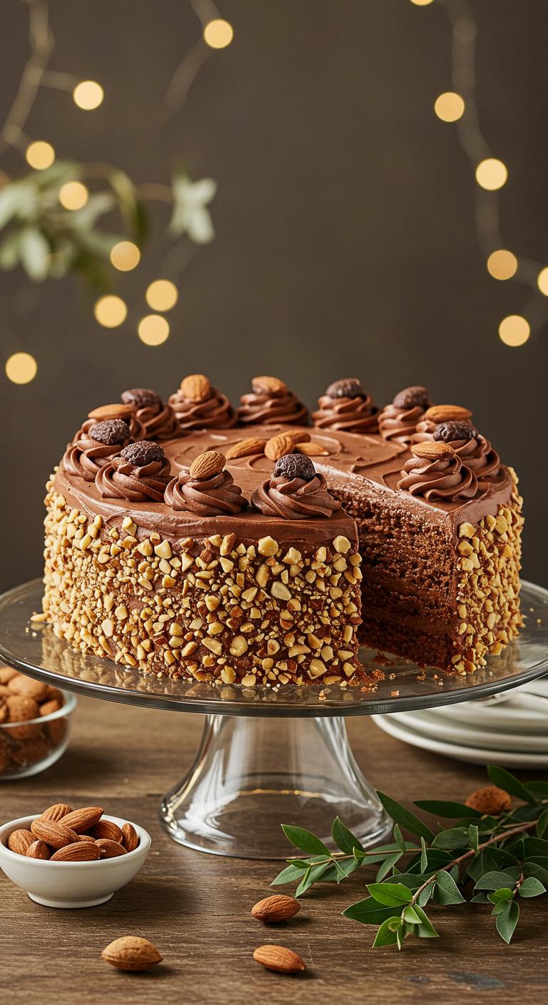A beautifully decorated **Almond Joy Inspired Cake** with layers of **almond-flavored cake**, **rich chocolate frosting**, and **whole almonds** adorning the top. The cake is displayed on an elegant cake stand, surrounded by **eco-friendly wedding decorations**, such as natural greenery and sustainable materials. Soft lighting highlights its charm, showcasing it as a trendy dessert option for **modern celebrations**. Include a subtle hint of an **allergen-friendly alternative**, possibly in the background, to represent inclusivity for those with nut allergies.