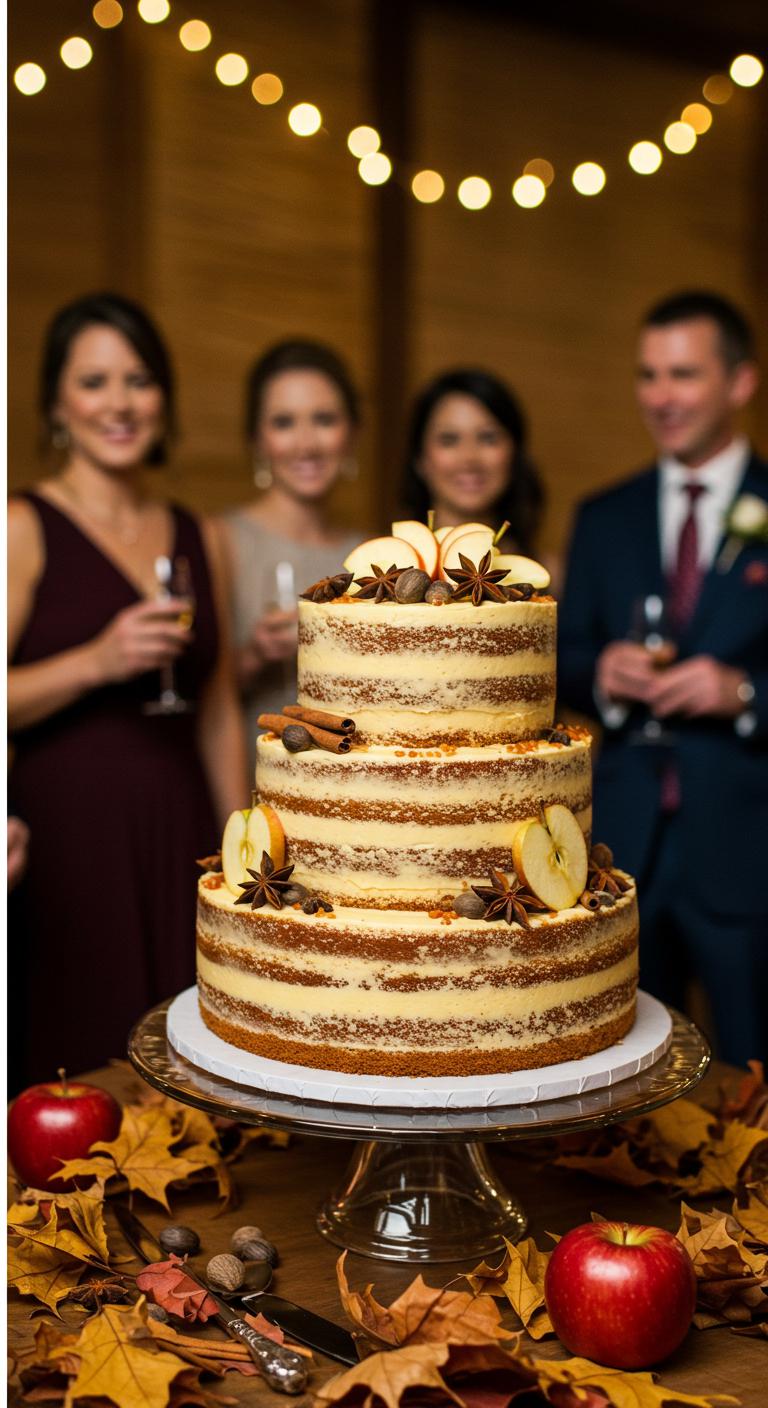 A beautifully decorated **Spiced Apple Cider Cake**, showcasing a **warm autumn color palette** with hints of **cinnamon and nutmeg**. The cake is adorned with apple slices and spices, set against a **cozy, rustic wedding backdrop** with **autumn leaves** and soft lighting, creating a warm and inviting atmosphere. Guests in the background admire the cake, embodying the joy and comfort of a wedding celebration.