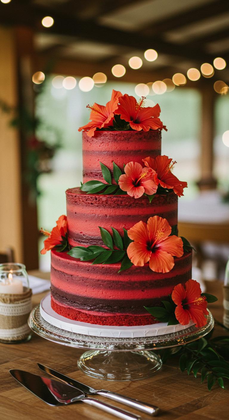 An elegant tiered **Hibiscus Red Velvet Cake** displayed at a beautifully decorated **eco-friendly wedding**, featuring a **rich red velvet base**, **vibrant hibiscus accents**, and **natural floral garnishes**, surrounded by a charming wedding atmosphere with soft lighting and rustic decor elements.