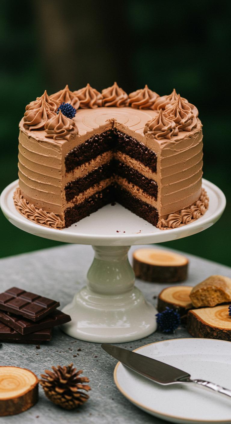 A beautifully designed **Dark Chocolate Mocha Cake** displayed at an **eco-friendly wedding**. The cake features **rich dark chocolate layers**, smooth mocha frosting, and is adorned with sustainable decorations, such as edible flowers and organic elements. The setting showcases an elegant, nature-inspired wedding atmosphere, emphasizing the blend of luxury and sustainability.