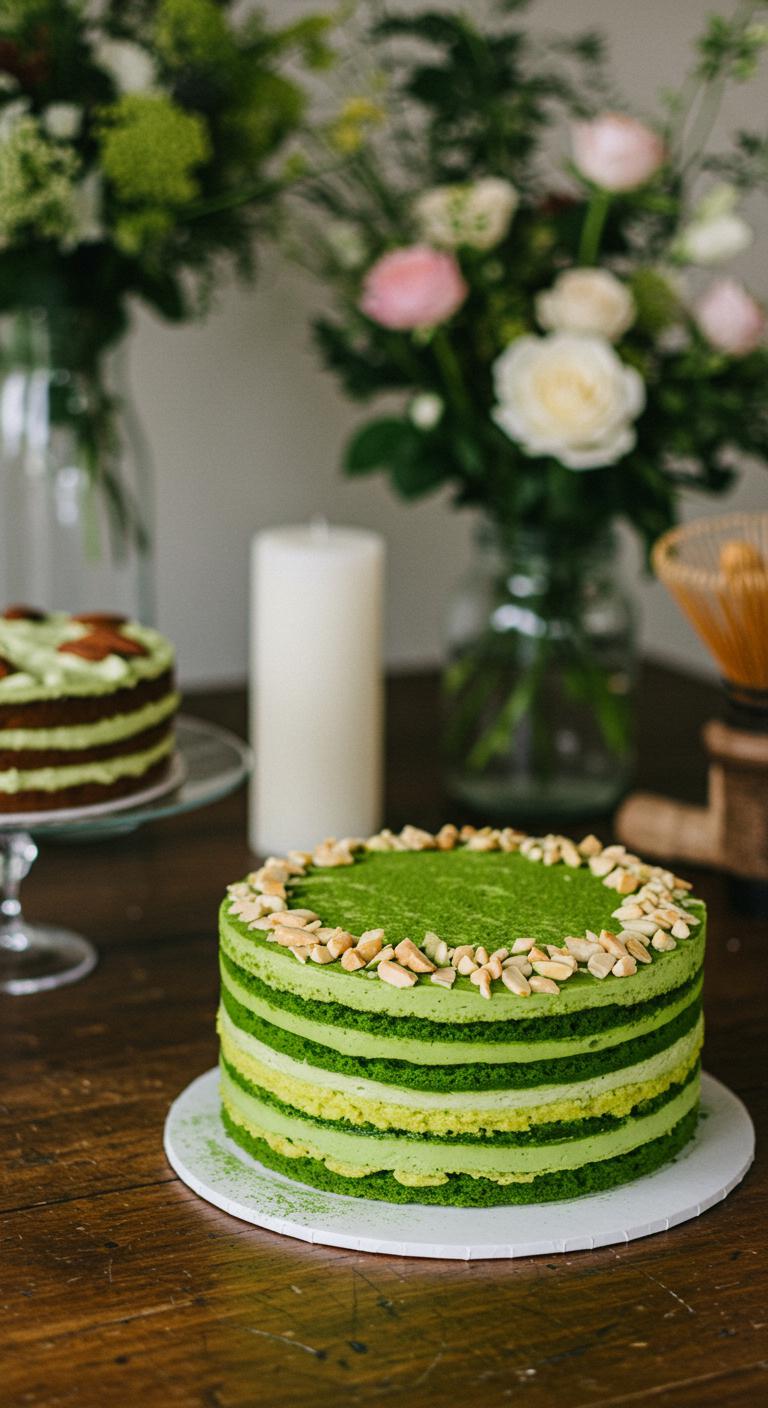 A beautifully decorated **Matcha Almond Cake**, showcasing vibrant green matcha layers and delicate almond accents, set against an **eco-friendly wedding** backdrop with floral arrangements and **sustainable decor elements**. The cake is styled on a rustic wooden table, reflecting a modern wedding theme that emphasizes health and sustainability.