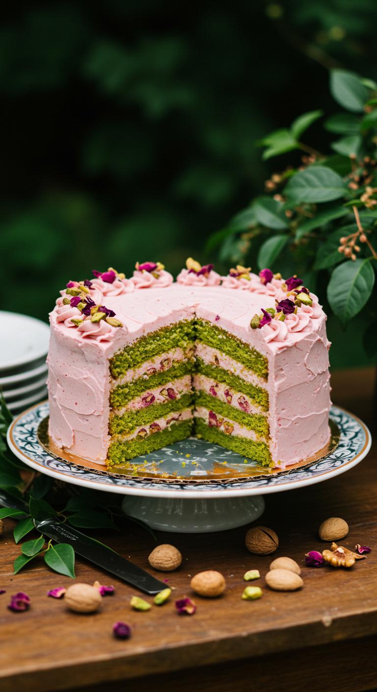 A beautifully decorated **Pistachio Rose Cake** displayed at an **eco-friendly wedding**, featuring layers of green pistachio sponge and **rosewater frosting**, adorned with **edible rose petals** and nuts, set on a rustic wooden table with natural greenery in the background, exuding a sense of **sustainability and elegance**.