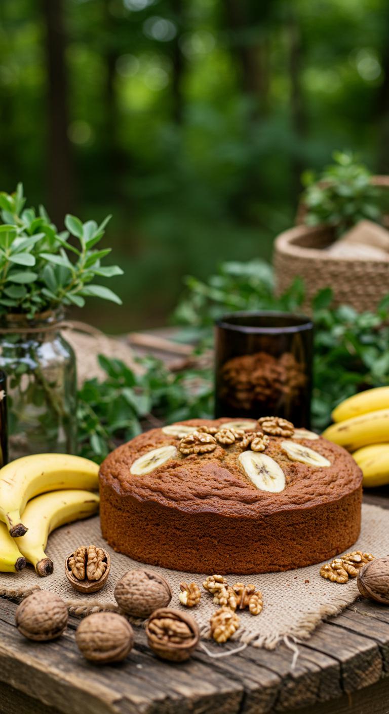 A beautifully decorated **banana walnut cake** on a rustic wooden table, surrounded by fresh bananas and walnuts, set in a lush outdoor wedding venue adorned with eco-friendly decorations. The cake is moist and inviting, with a hint of natural greenery in the background to emphasize sustainability.