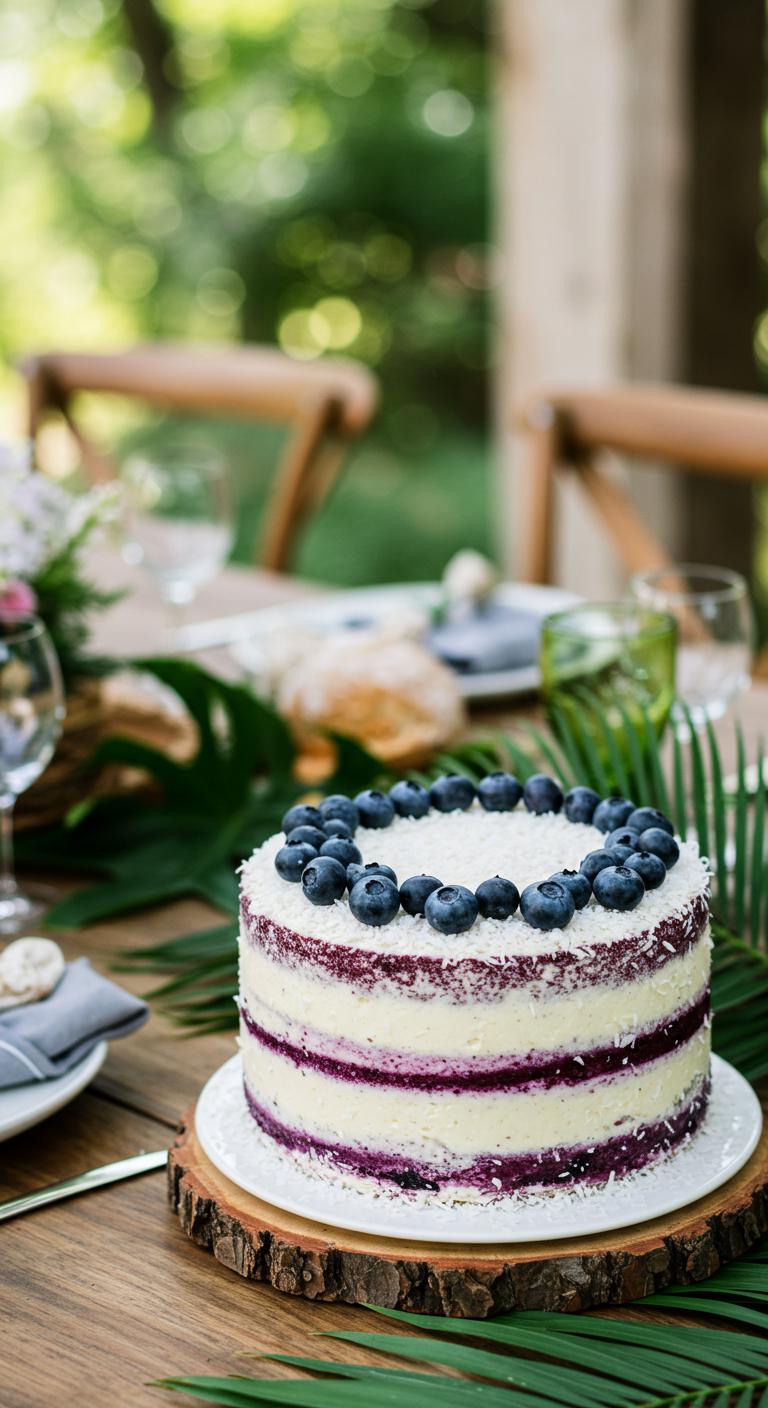 A beautifully decorated **Blueberry Coconut Cake** displayed on an **eco-friendly wedding** table setting, surrounded by **tropical greenery** and sustainable decor. The cake is adorned with fresh blueberries and coconut shavings, emphasizing its rich flavors and vibrant colors. The scene conveys a blend of elegance and nature, highlighting the use of **sustainable ingredients** and innovative baking techniques.