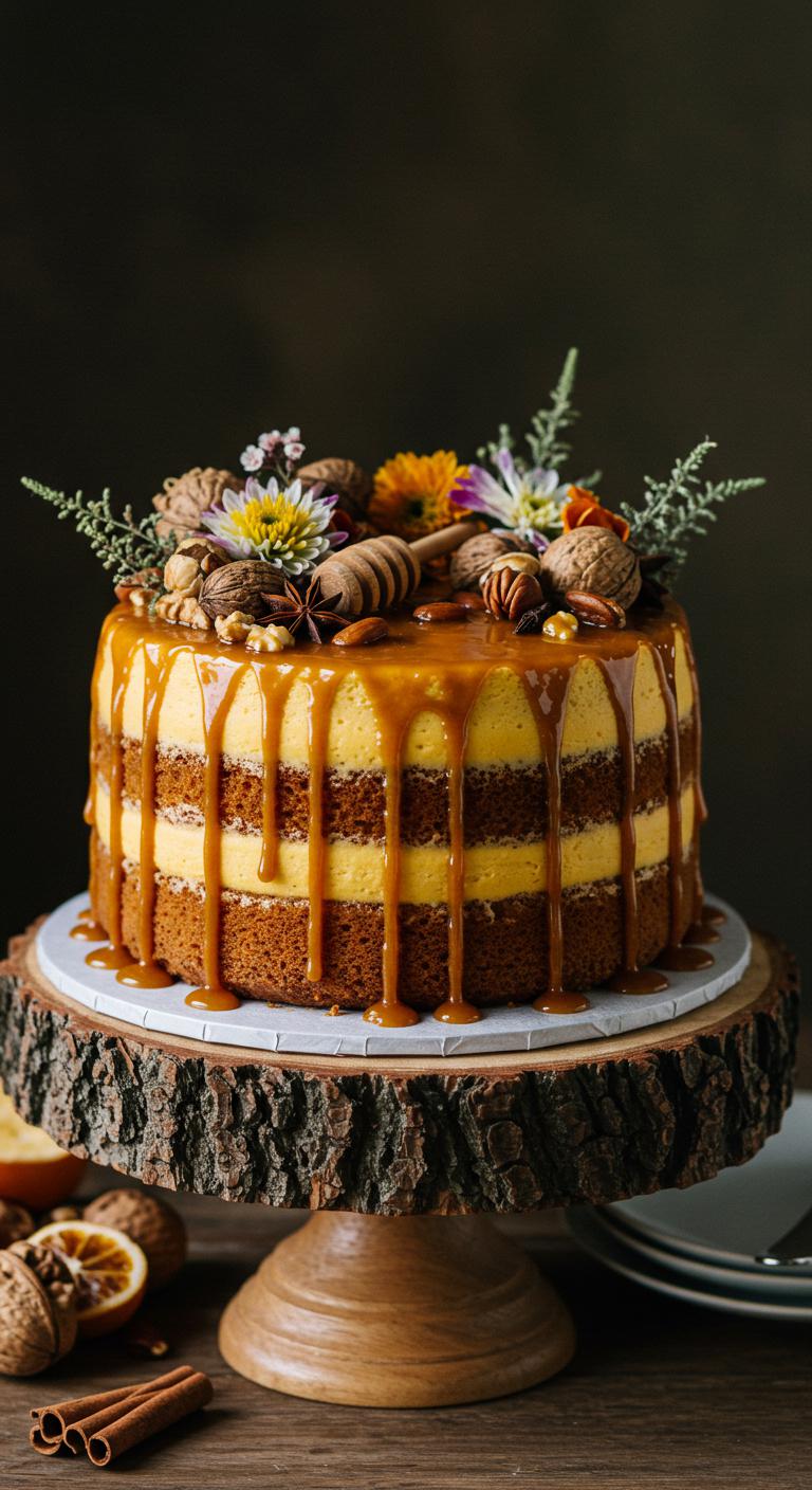 A beautifully decorated **Honey Ginger Cake**, showcasing **warm golden hues** with hints of ginger and honey glaze, adorned with **rustic decorations** like edible flowers, nuts, and natural elements, set against an elegant eco-friendly wedding backdrop. The cake should reflect **seasonal ingredients** and organic aesthetics, emphasizing its warm and spicy nature while conveying a charming, eco-conscious vibe.