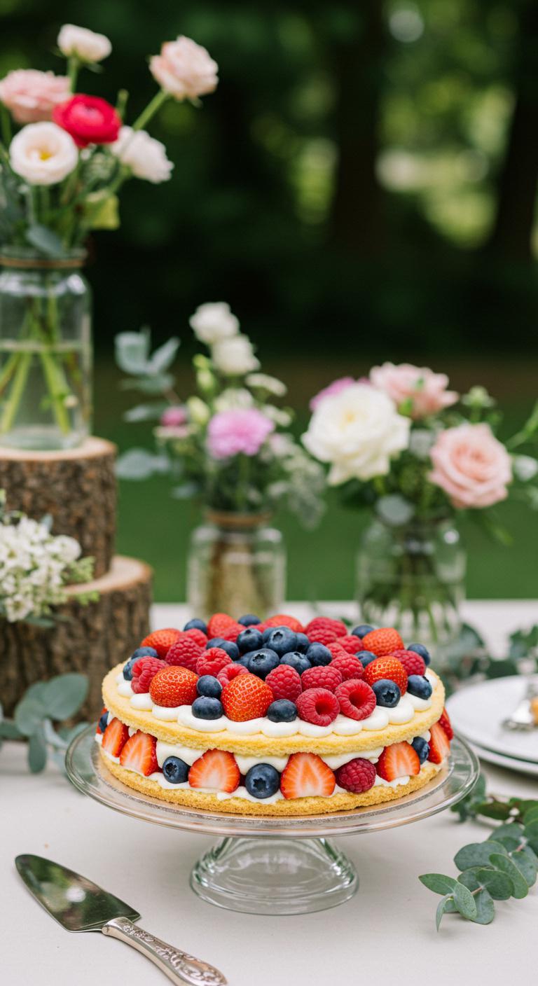 A beautifully arranged **Seasonal Berry Shortcake**, adorned with **vibrant strawberries, blueberries, and raspberries**, set against an **eco-friendly wedding** backdrop featuring natural elements like flowers and greenery. The scene captures the essence of **freshness and sustainability**, highlighting the delicious dessert as a centerpiece.