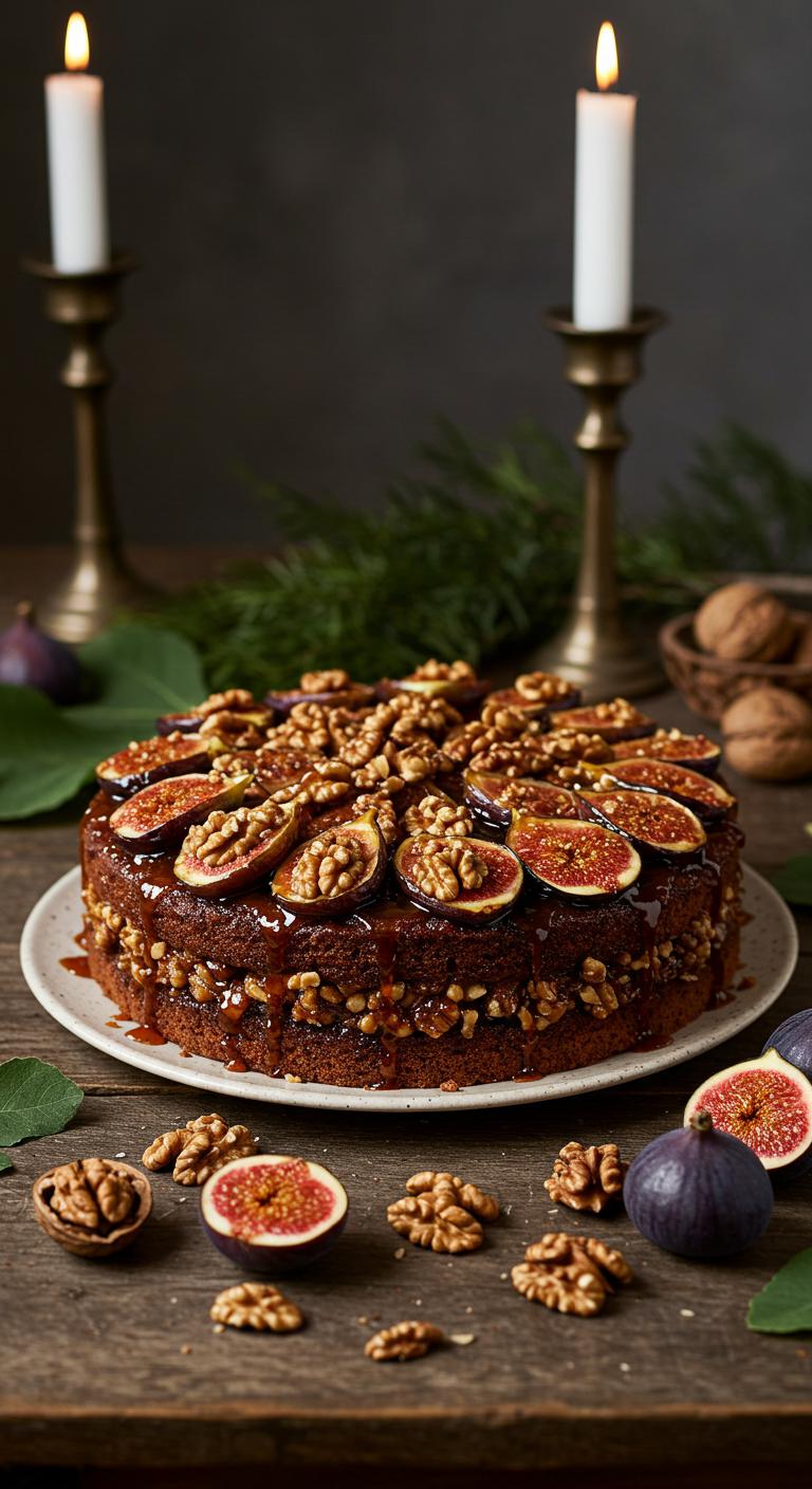 A beautifully arranged **Caramelized Fig** and Walnut Cake, showcasing the rich, sweet fig texture and the crunchy walnut topping. The cake is presented on a rustic wooden table, surrounded by fresh figs, walnuts, and greenery, emphasizing an **eco-friendly wedding** theme. Soft, natural lighting enhances the sophisticated and inviting atmosphere of the scene.