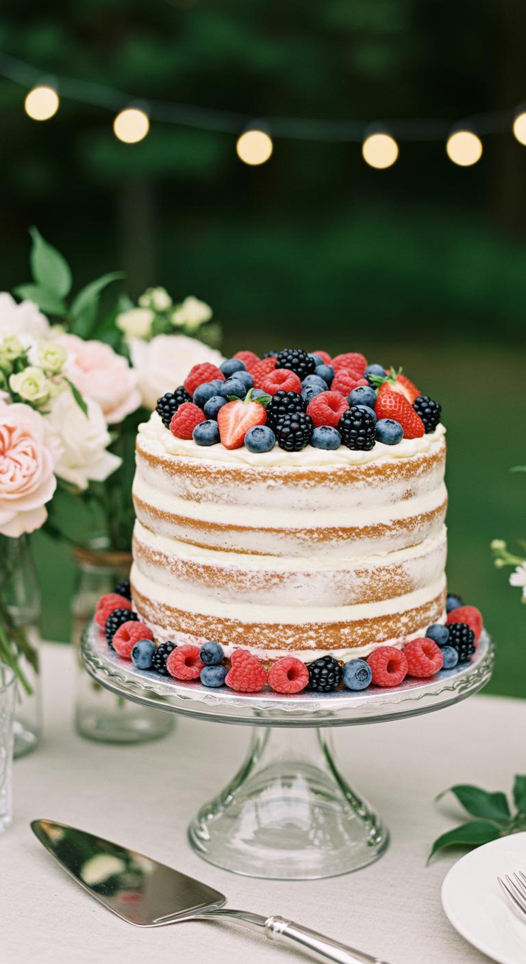 A **romantic outdoor wedding** setting featuring a beautifully layered **Naked Berry Delight cake**, showcasing **moist vanilla cake** with **vibrant layers filled with berries**. The cake is elegantly topped with an assortment of **fresh berries** and a light cream frosting. Surrounding the cake are delicate floral arrangements and soft natural lighting that enhances the blissful simplicity of the scene, evoking a dreamy and joyous wedding atmosphere.